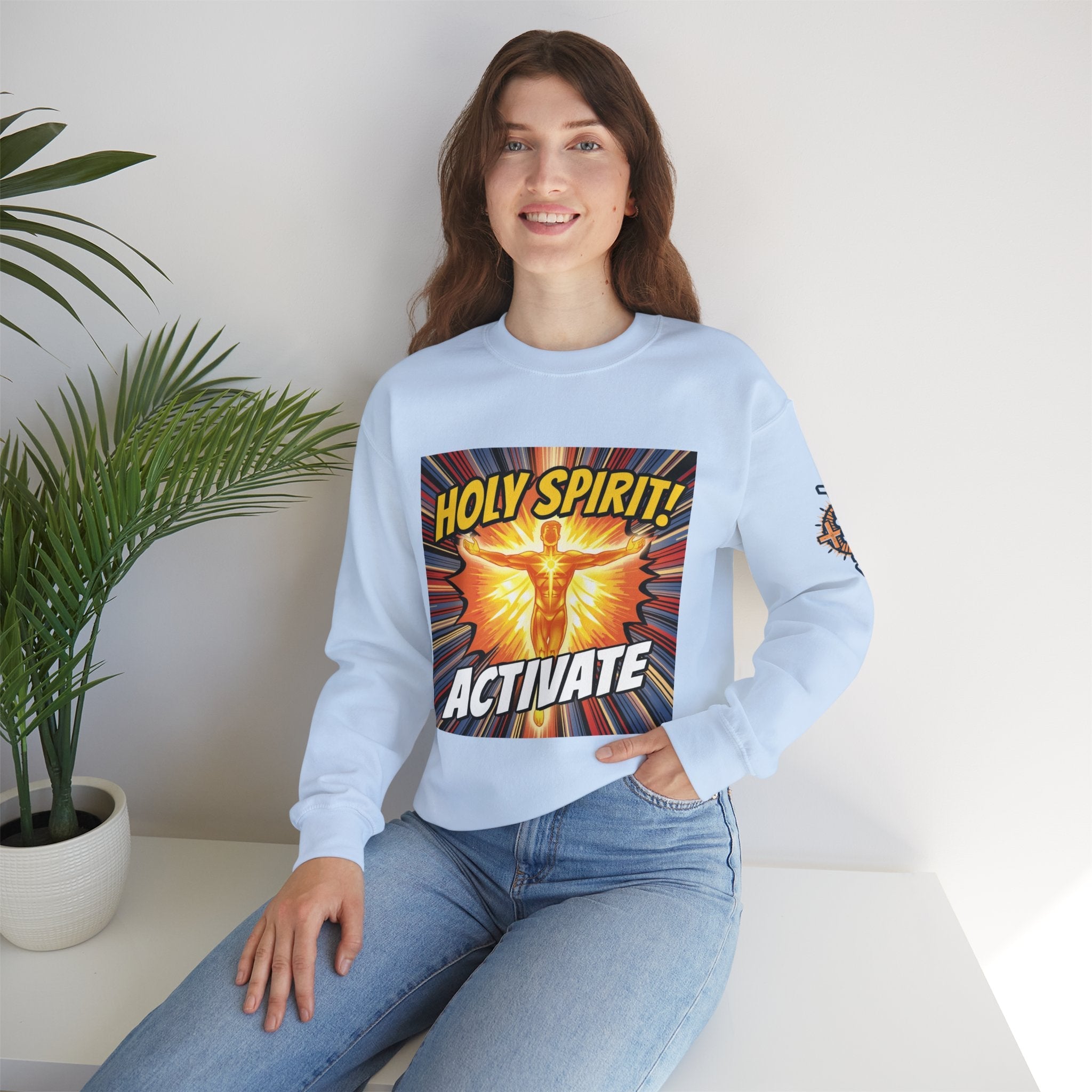 Holy Spirit Activate Sweatshirt – Superhero Christian Sweatshirt with Vibrant Power-Up Design for Faith-Fueled Boldness Printify