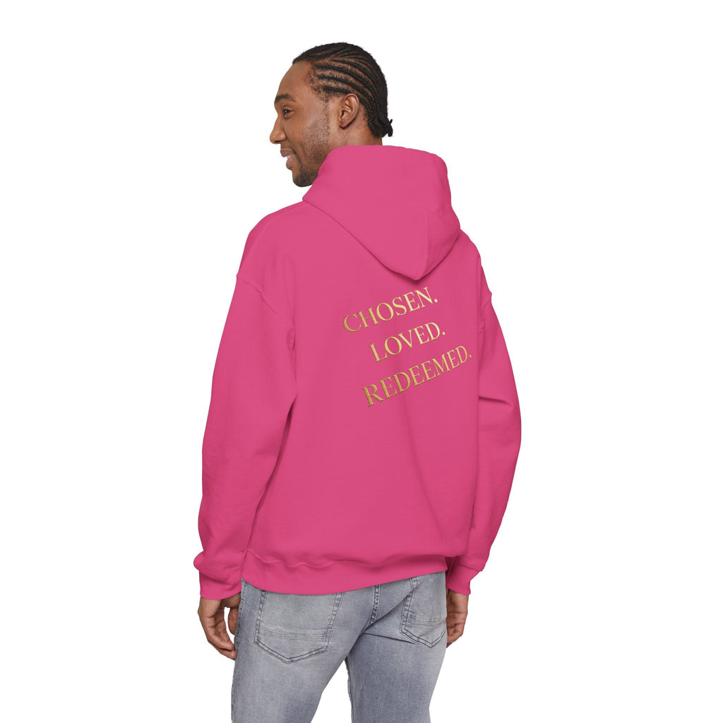 ✨ Chosen. Loved. Redeemed. – Elegant Christian Hoodie | Gold Foil Faith Tee | Subtle Cross & Heart Design | Inspirational Bible Verse Apparel by Uplifted Gear Printify