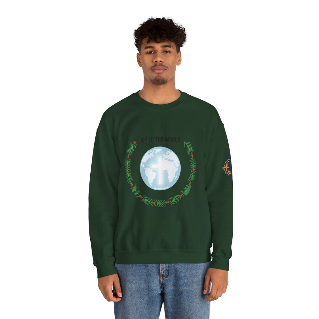 Joy to the World Sweatshirt – Wreath Earth Nativity Christian Christmas Sweatshirt for Isaiah 9:6 Holiday Faith & Festive Joy Printify