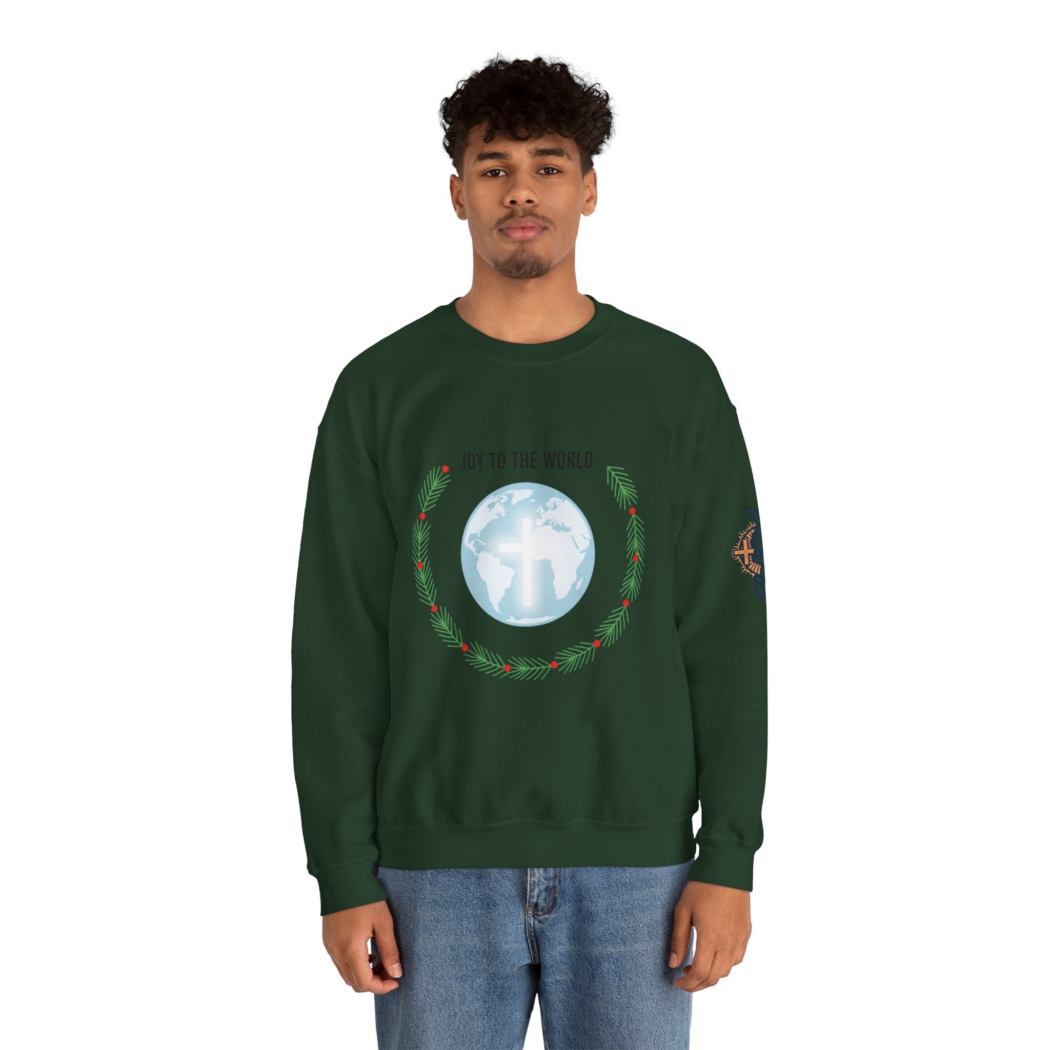 Joy to the World Sweatshirt – Wreath Earth Nativity Christian Christmas Sweatshirt for Isaiah 9:6 Holiday Faith & Festive Joy Printify