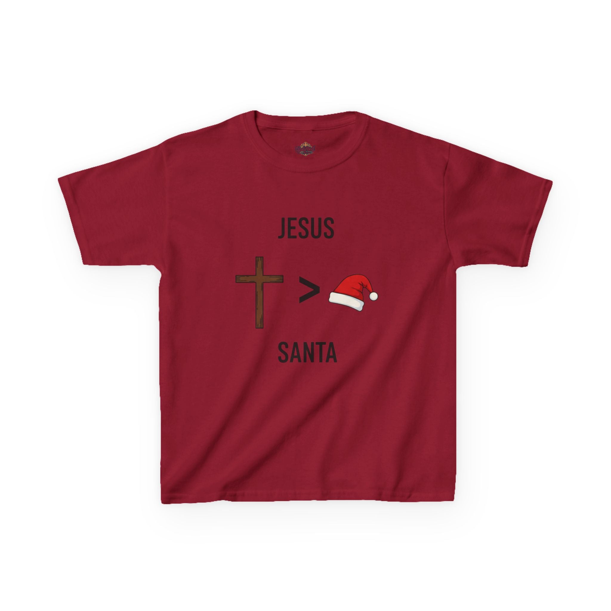 🎄 Jesus > Santa – Minimalist Christian Christmas Kids T-Shirt | Bold Faith Over Holiday Tee | Cross vs Santa Hat Design | Uplifted Gear Printify