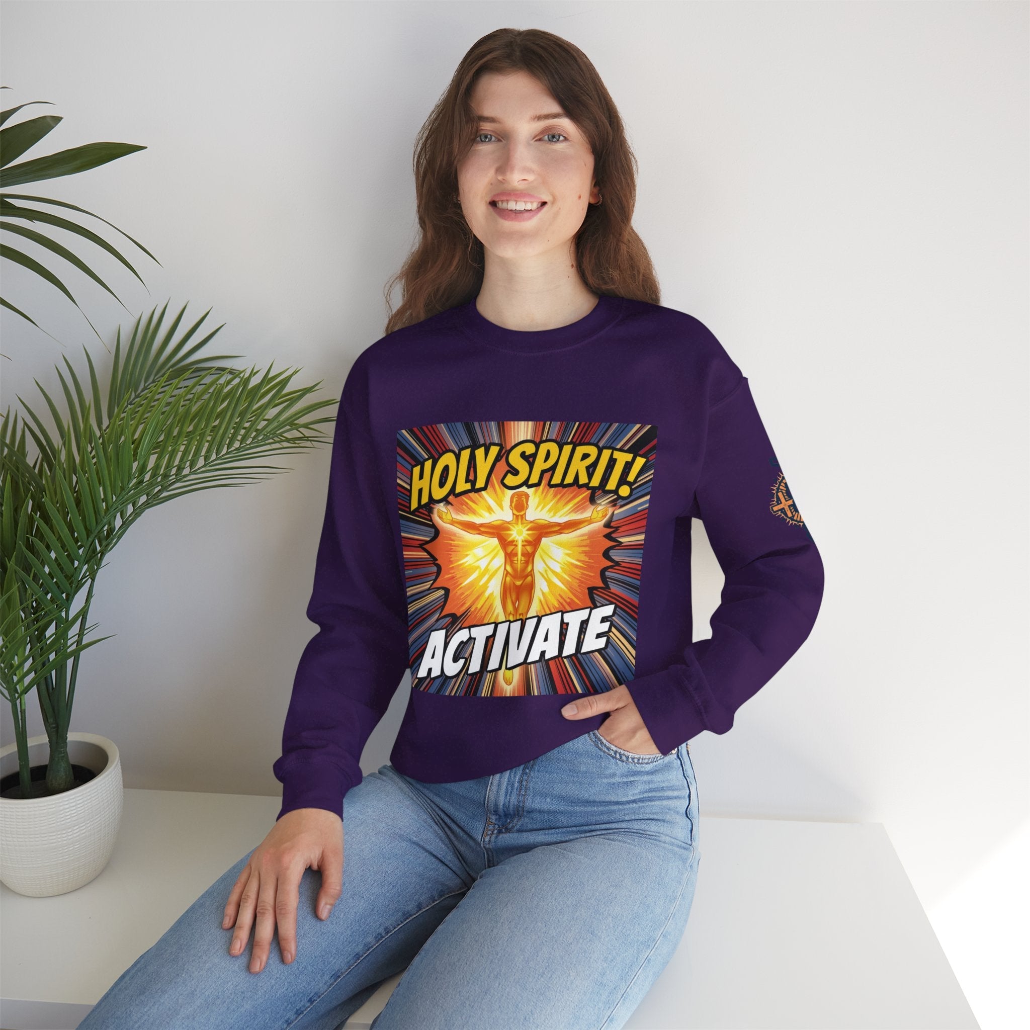 Holy Spirit Activate Sweatshirt – Superhero Christian Sweatshirt with Vibrant Power-Up Design for Faith-Fueled Boldness Printify