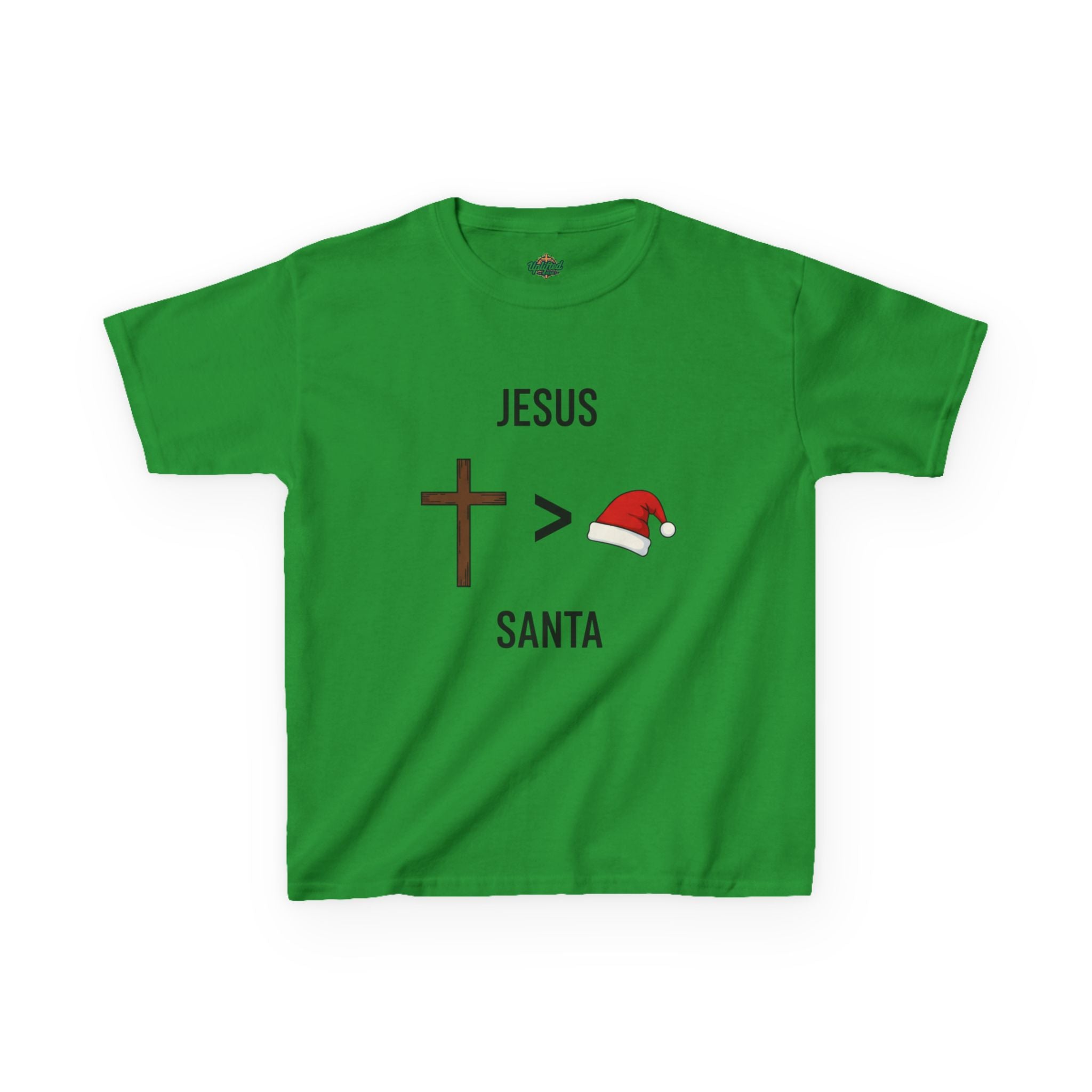 🎄 Jesus > Santa – Minimalist Christian Christmas Kids T-Shirt | Bold Faith Over Holiday Tee | Cross vs Santa Hat Design | Uplifted Gear Printify