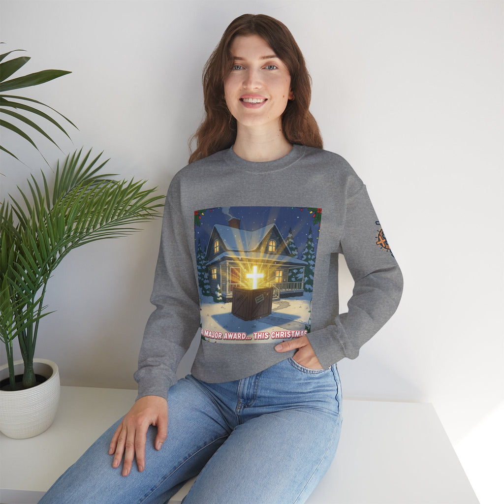 A Major Award This Christmas Sweatshirt – Fragile Leg Lamp Parody Cross Unboxing Christian Sweatshirt for Hilarious Faith & Holiday Glow Printify