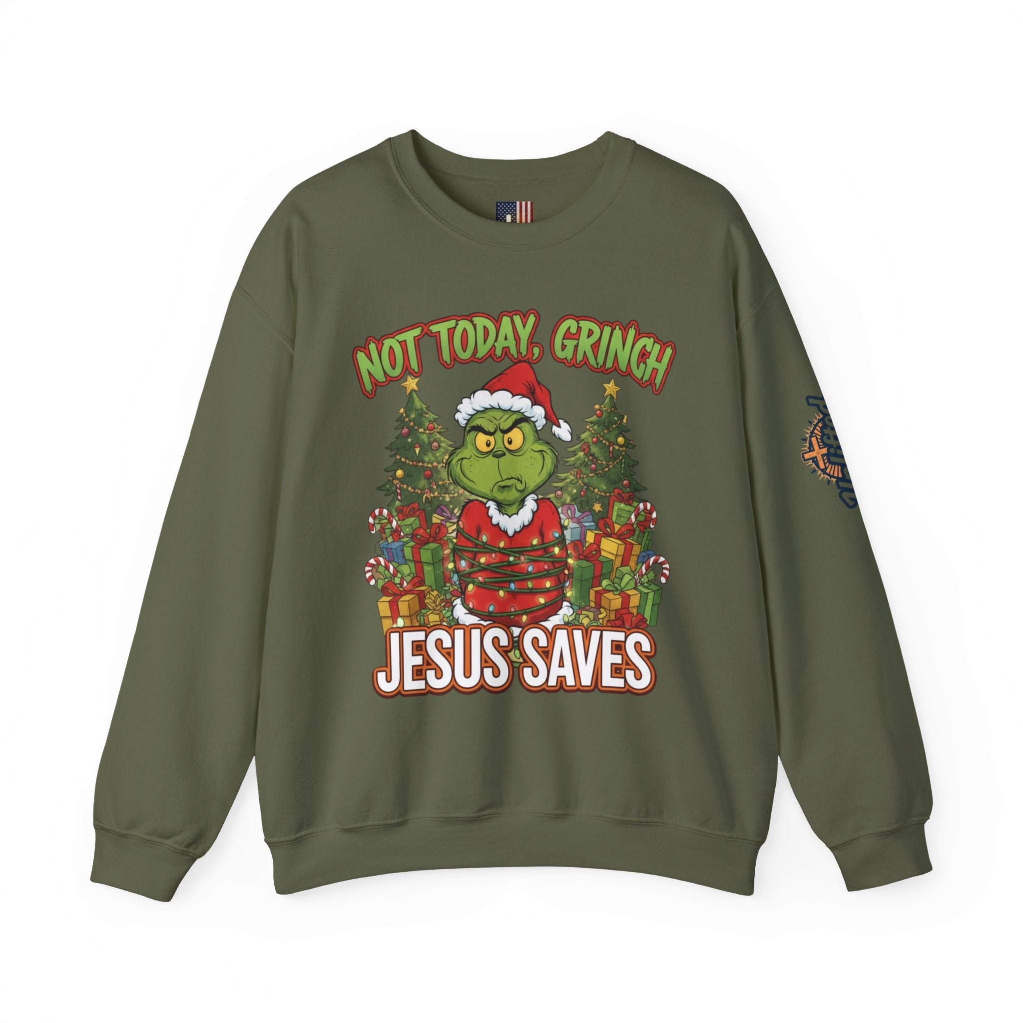 🎄 Not Today, Grinch – Jesus Saves | Funny Christian Christmas Sweatshirt | Sulking Grinch & Glowing Cross | Bold Neon Faith Tee by Uplifted Gear Printify