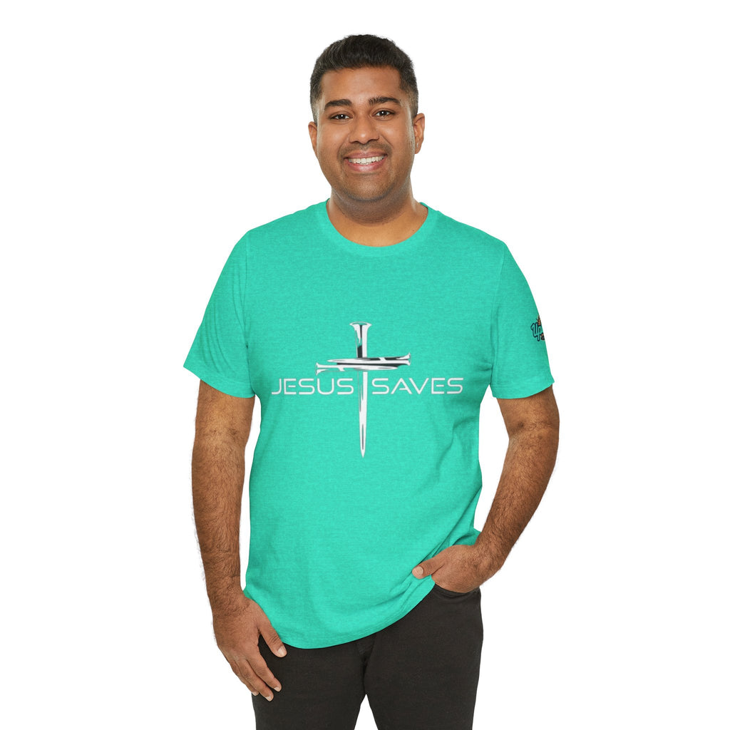 Jesus Saves T-shirt – 3 Nails Crucifix Cross Christian T-shirt for Redemption Faith & Bold Salvation Printify