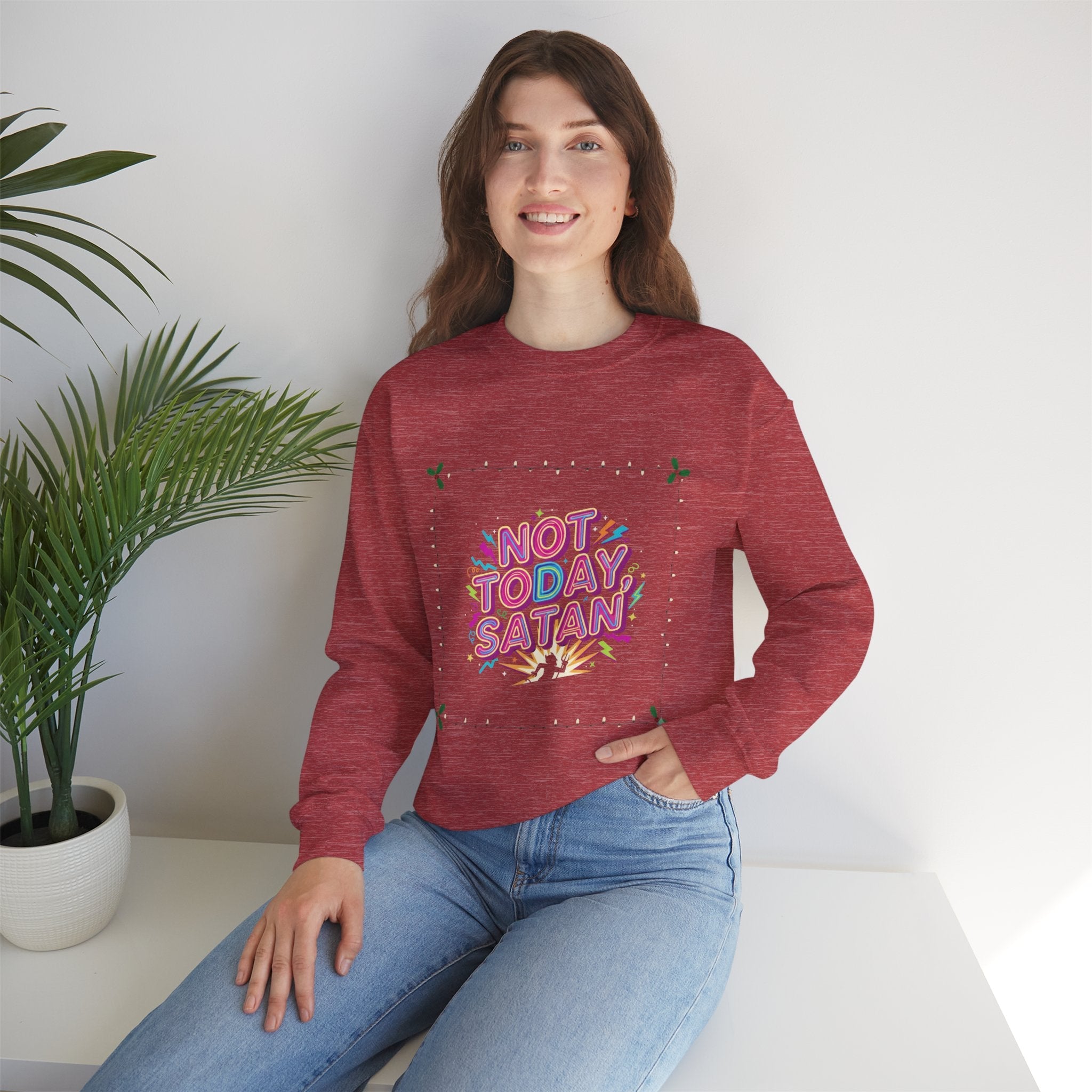 🔥 Not Today, Satan – Retro 90s Christian Sweatshirt | Neon Faith Tee | Funky Cartoon Devil | Bold Bible Verse Shirt | Uplifted Gear Printify