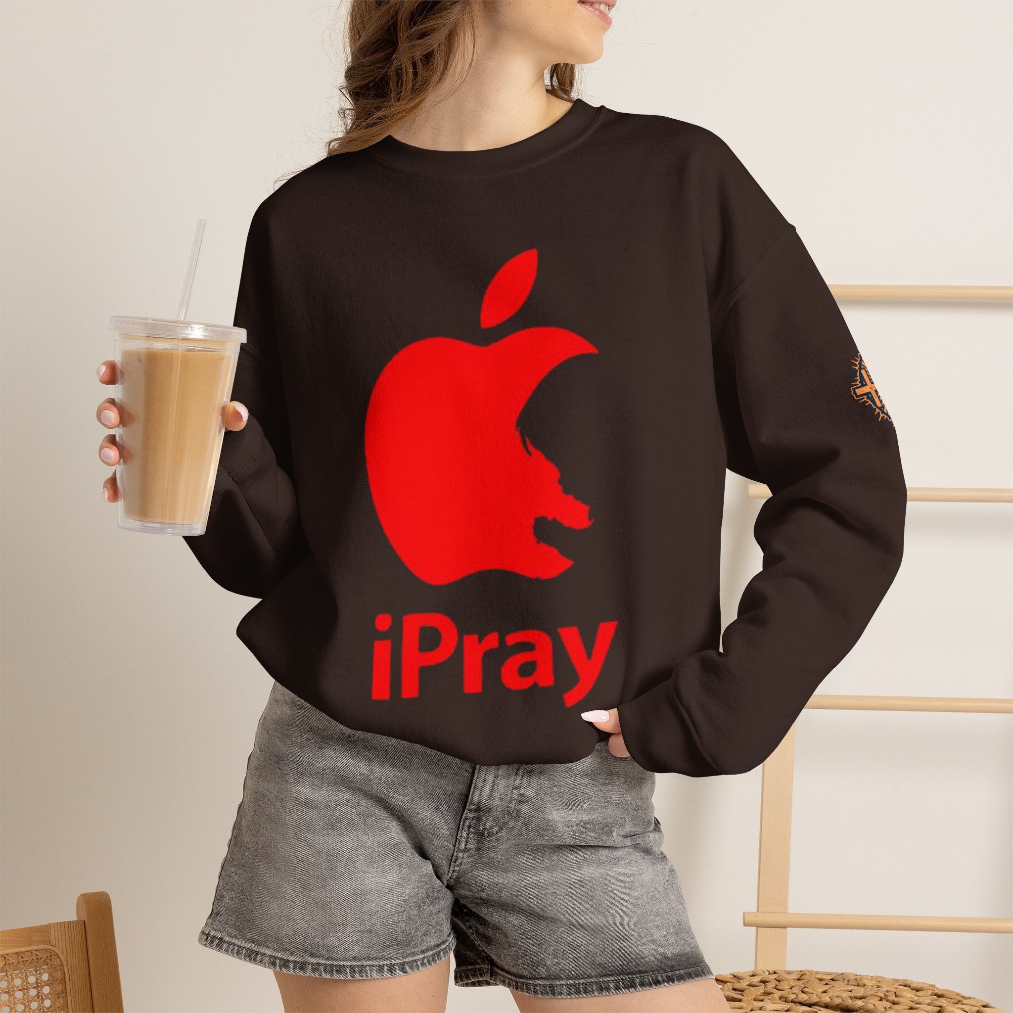 iPray Apple Logo Sweatshirt — Funny Christian Sweatshirt (Minimal Red Apple Graphic) Printify