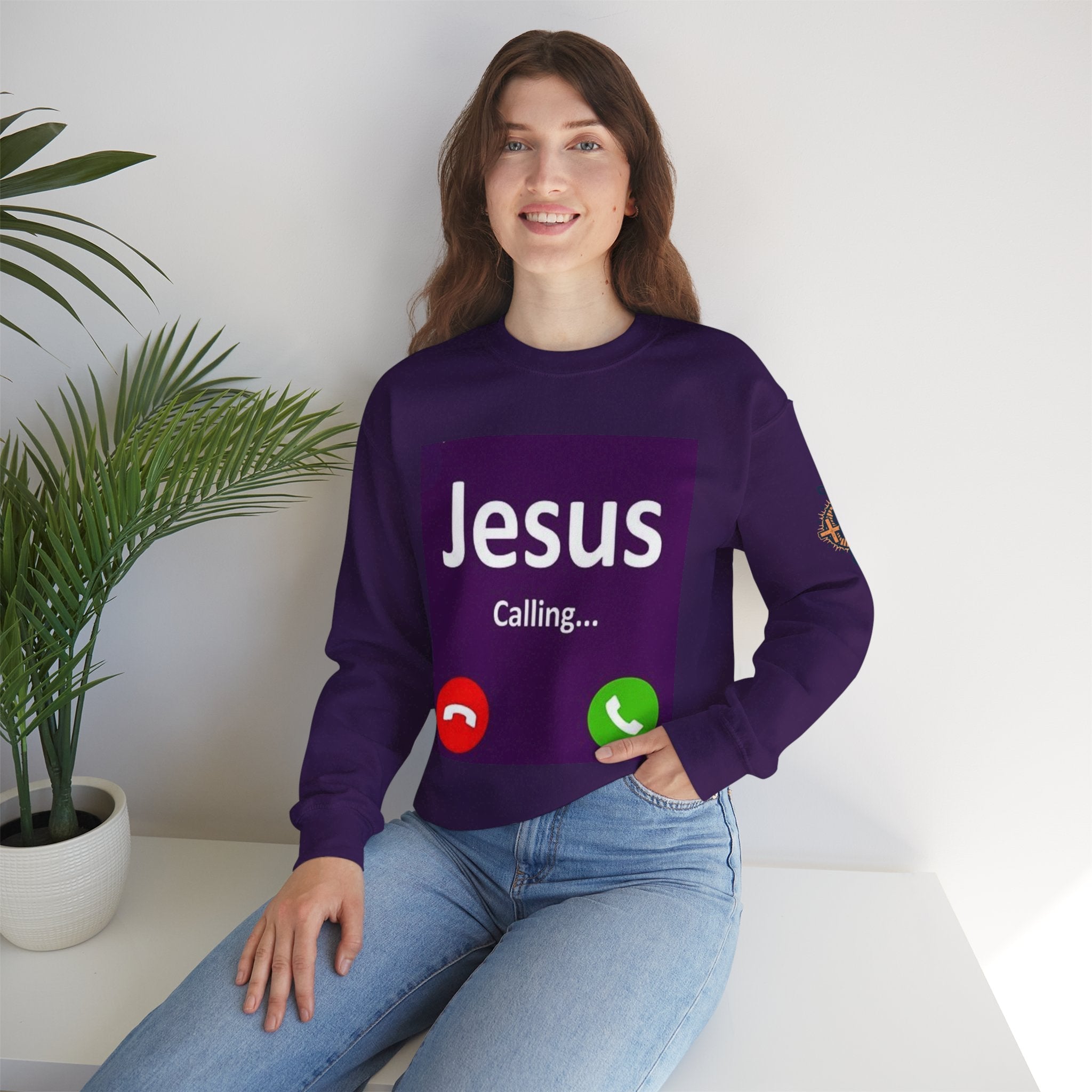 Jesus Calling Sweatshirt – Funny Cell Phone Screen Christian Sweatshirt for Divine Connection & Faith Humor Printify
