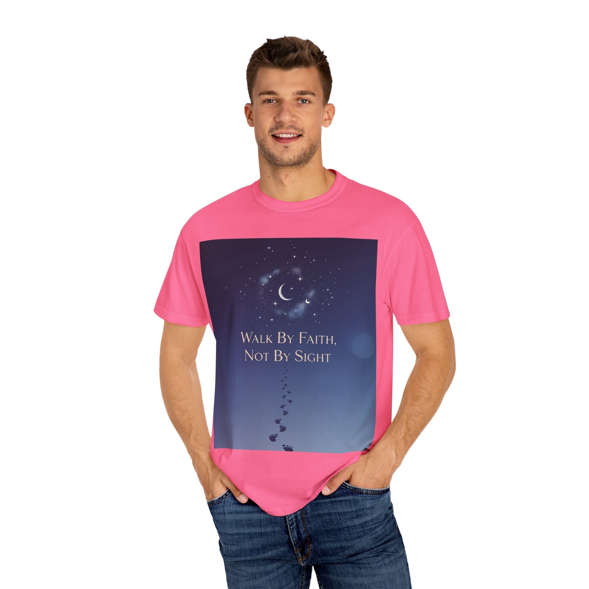 Walk by Faith, Not by Sight T-Shirt – Footprints in the Sand Christian Moonlit Tee Printify