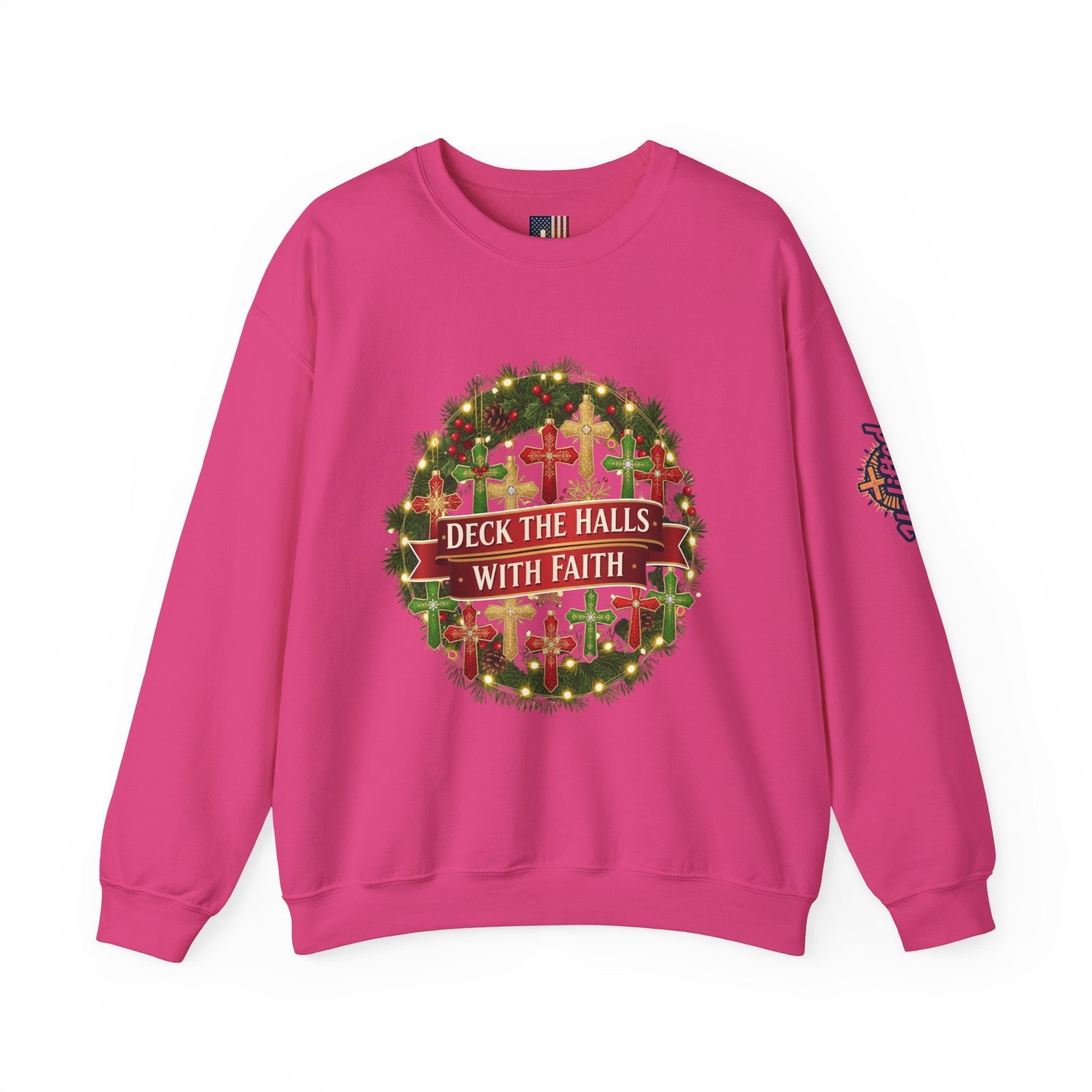 🎄 Deck the Halls with Faith – Christian Christmas Sweatshirt | Cross Ornament Design & Festive Garland | Bold Holiday Faith Tee by Uplifted Gear Printify