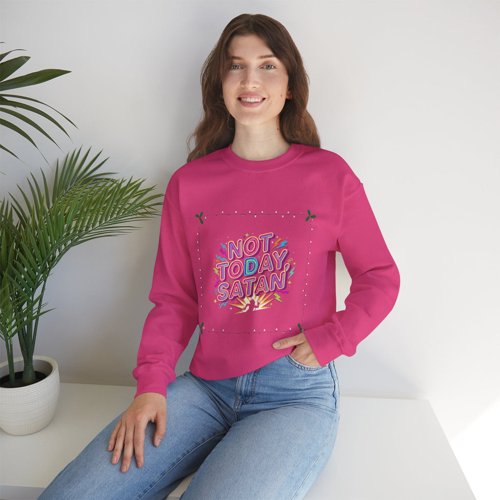 🔥 Not Today, Satan – Retro 90s Christian Sweatshirt | Neon Faith Tee | Funky Cartoon Devil | Bold Bible Verse Shirt | Uplifted Gear Printify
