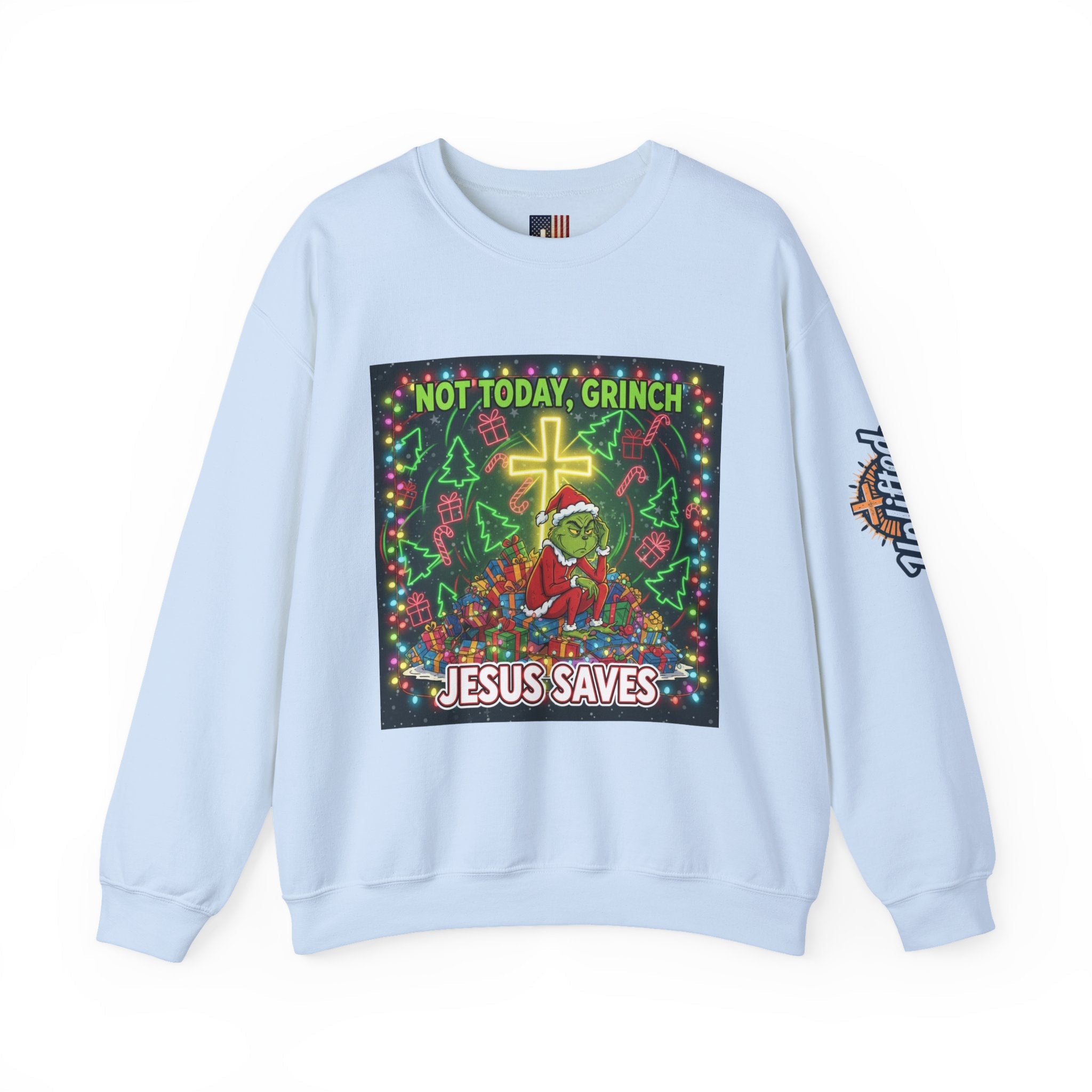 🎄 Not Today, Grinch – Jesus Saves | Funny Christian Christmas Sweatshirt | Festive Green & Red Cartoon Style | Bold Faith Holiday Tee by Uplifted Gear Printify