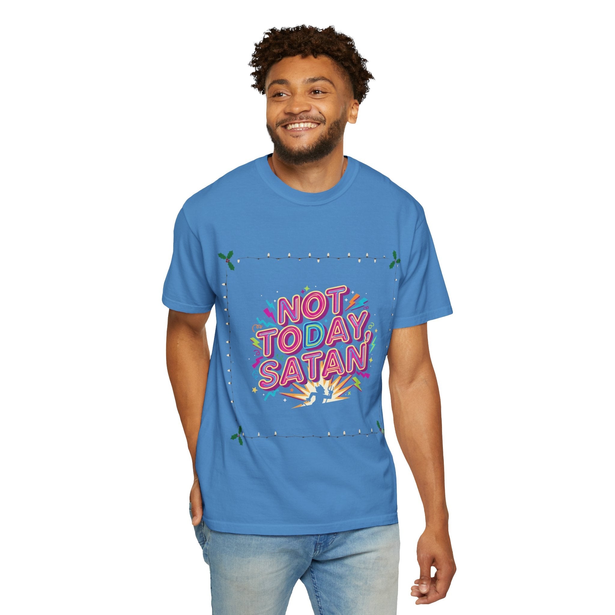 🔥 Not Today, Satan – Retro 90s Christian T-Shirt | Neon Faith Tee | Funky Cartoon Devil | Bold Bible Verse Shirt | Uplifted Gear Printify