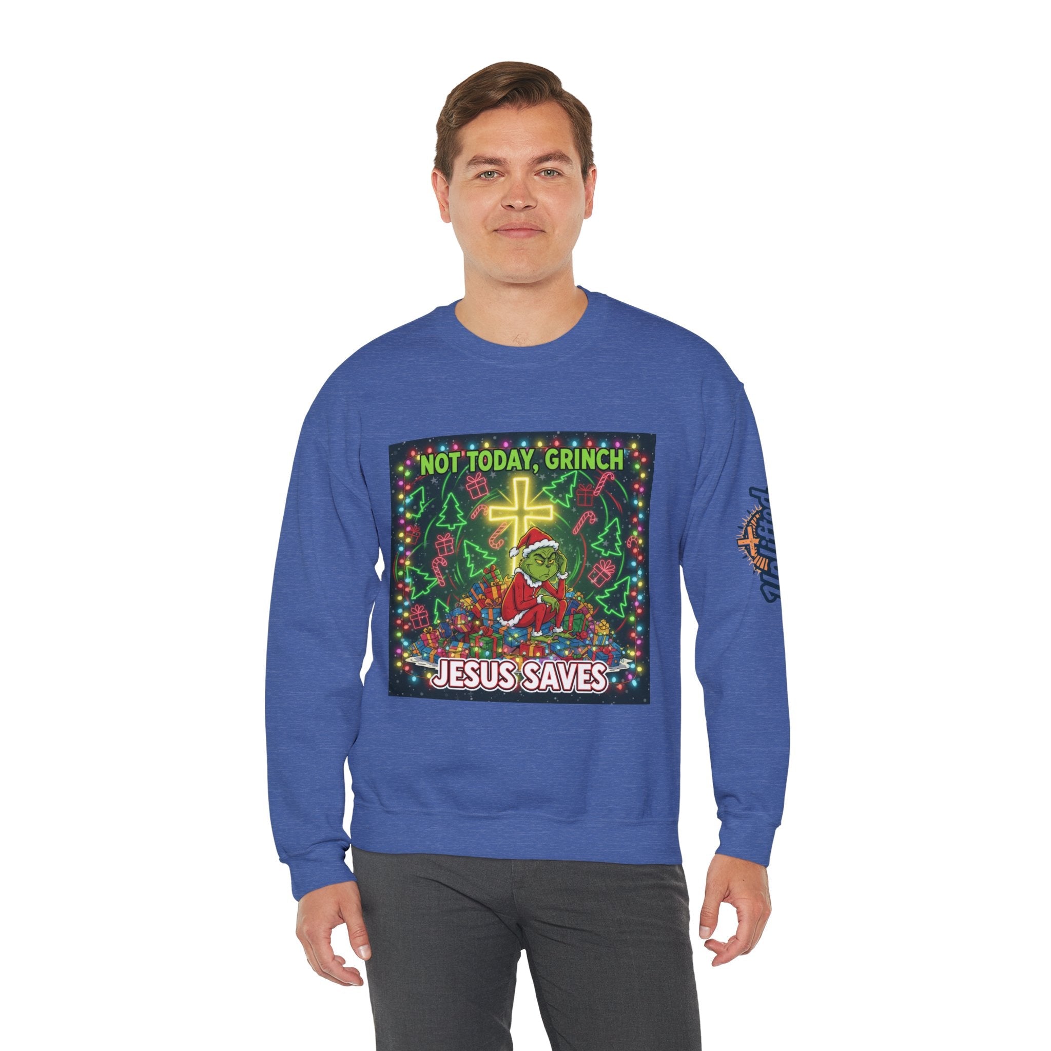 🎄 Not Today, Grinch – Jesus Saves | Funny Christian Christmas Sweatshirt | Festive Green & Red Cartoon Style | Bold Faith Holiday Tee by Uplifted Gear Printify