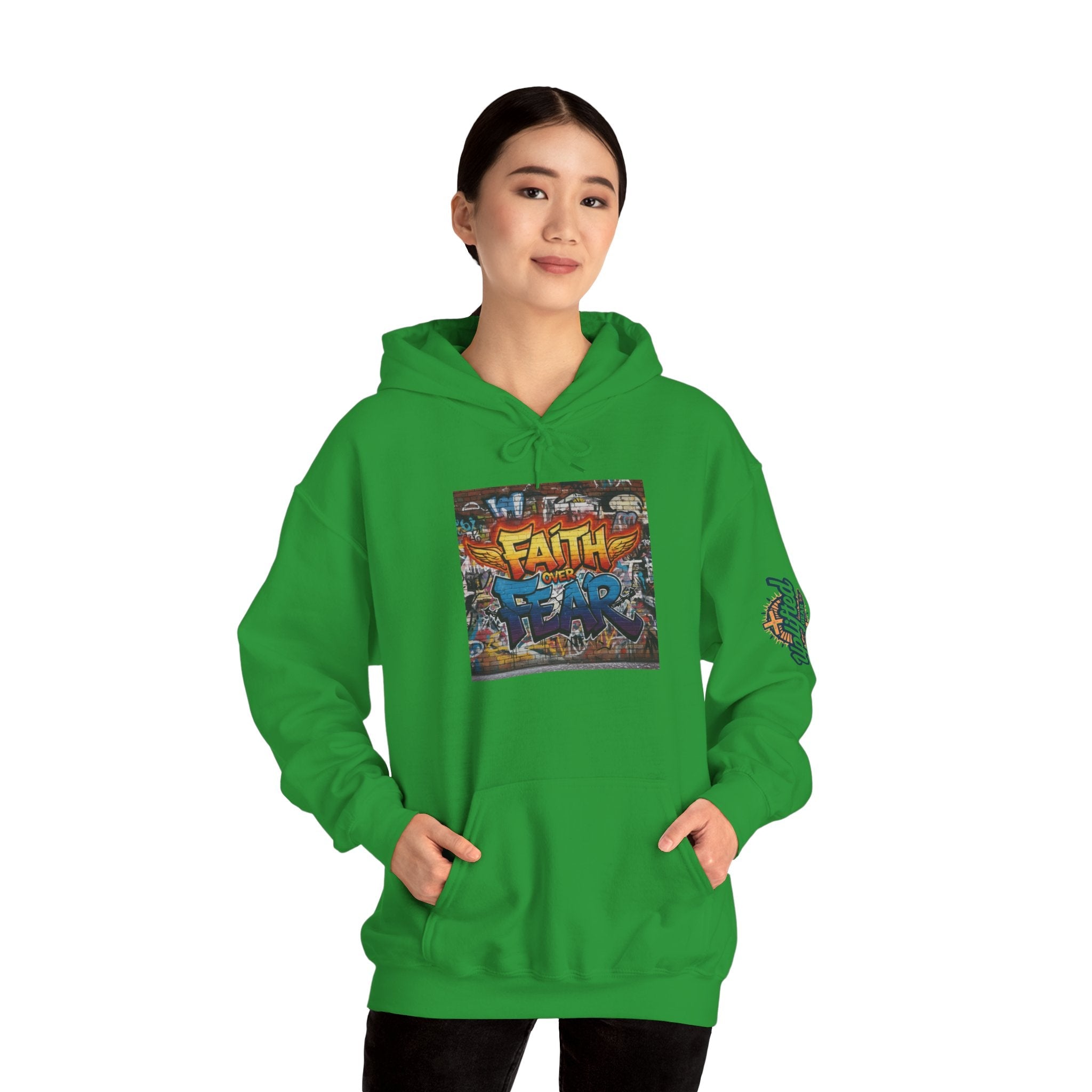 Faith Over Fear Hoodie – Graffiti Wall Christian Sweatshirt for Bold 2 Corinthians 5:7 Streetwear & Unshakable Faith Printify