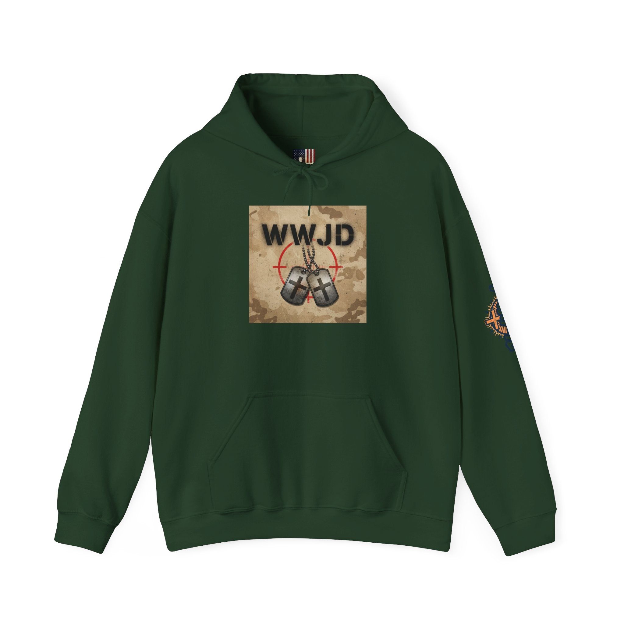WWJD Hoodie – Military Dog Tags What Would Jesus Do Camo Christian Sweatshirt for Bold Faith & Streetwear Printify