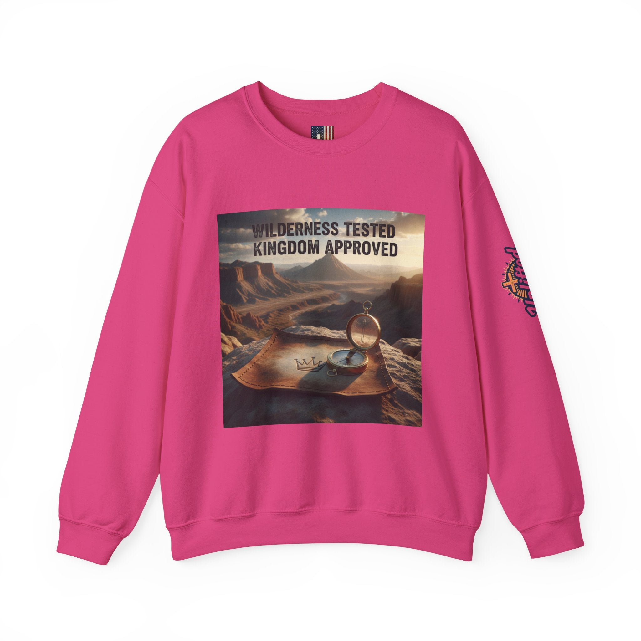 Wilderness Tested Kingdom Approved Sweatshirt – Mountain Desert Compass Crown Christian Sweatshirt for Biblical Adventure Faith Printify