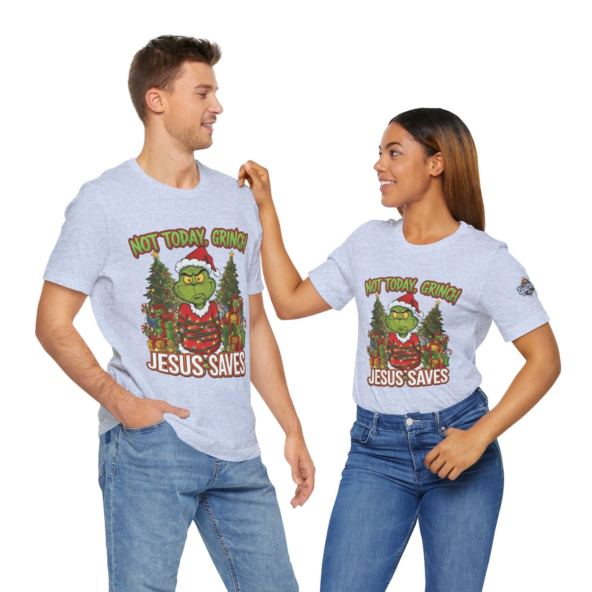 🎄 Not Today, Grinch – Jesus Saves | Funny Christian Christmas T-Shirt | Sulking Grinch & Glowing Cross | Bold Neon Faith Tee by Uplifted Gear Printify