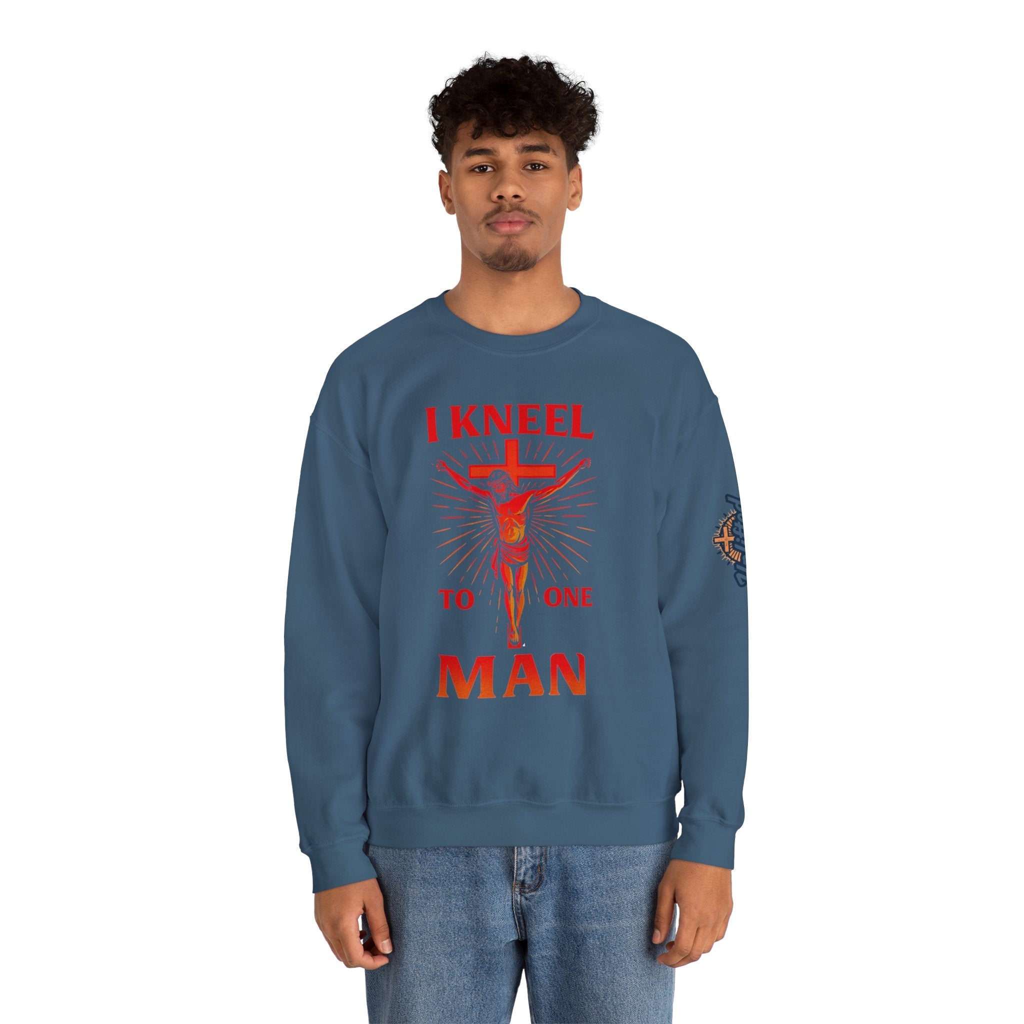 I Kneel to One Man Sweatshirt – Crucifixion Christian Sweatshirt for Unashamed Devotion & Bold Faith Printify