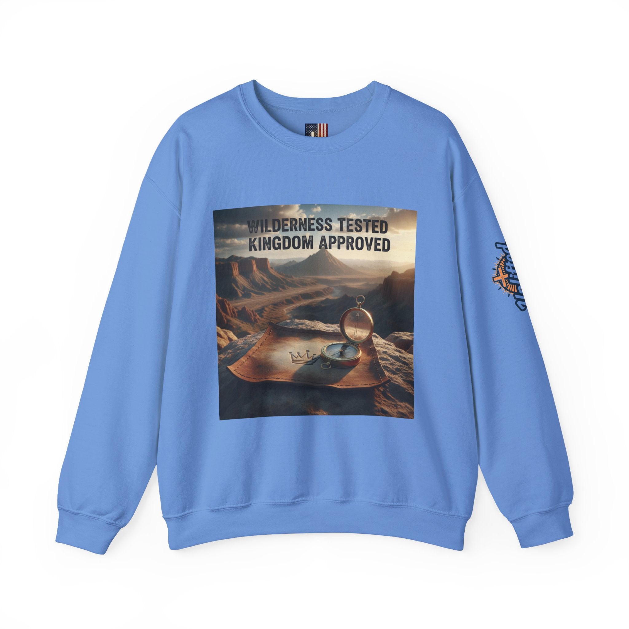 Wilderness Tested Kingdom Approved Sweatshirt – Mountain Desert Compass Crown Christian Sweatshirt for Biblical Adventure Faith Printify