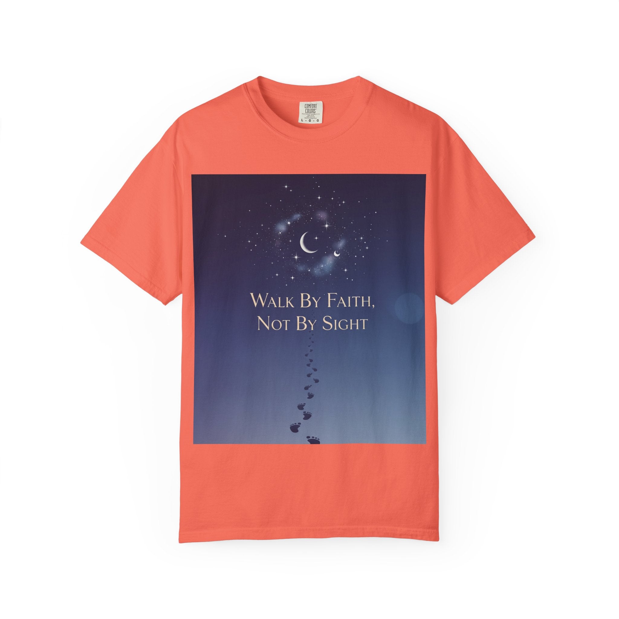 Walk by Faith, Not by Sight T-Shirt – Footprints in the Sand Christian Moonlit Tee Printify