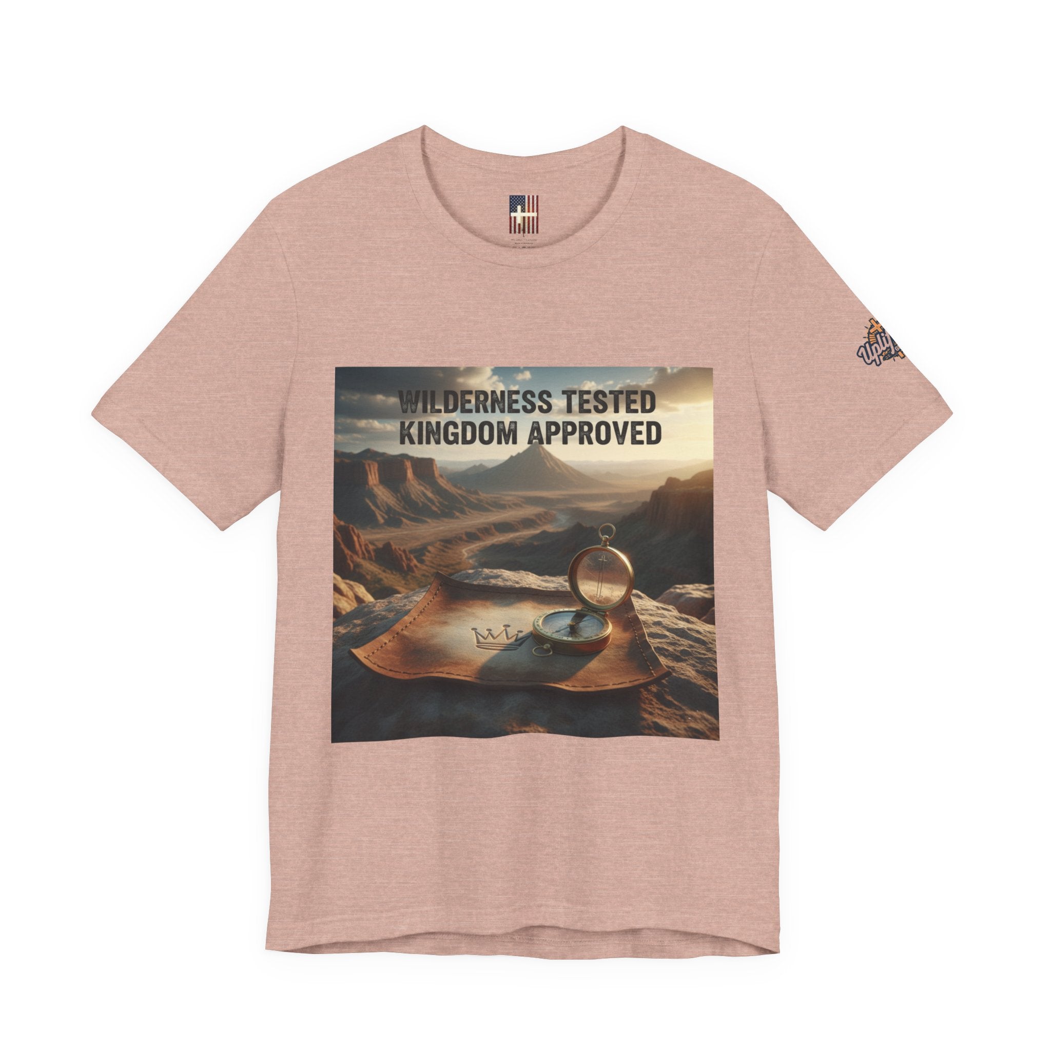 Wilderness Tested Kingdom Approved T-shirt – Mountain Desert Compass Crown Christian T-shirt for Biblical Adventure Faith Printify