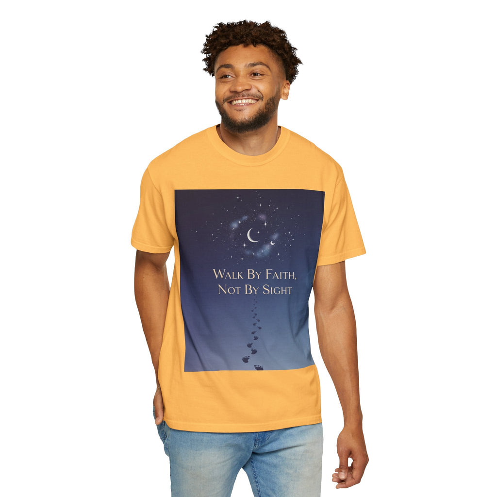 Walk by Faith, Not by Sight T-Shirt – Footprints in the Sand Christian Moonlit Tee Printify