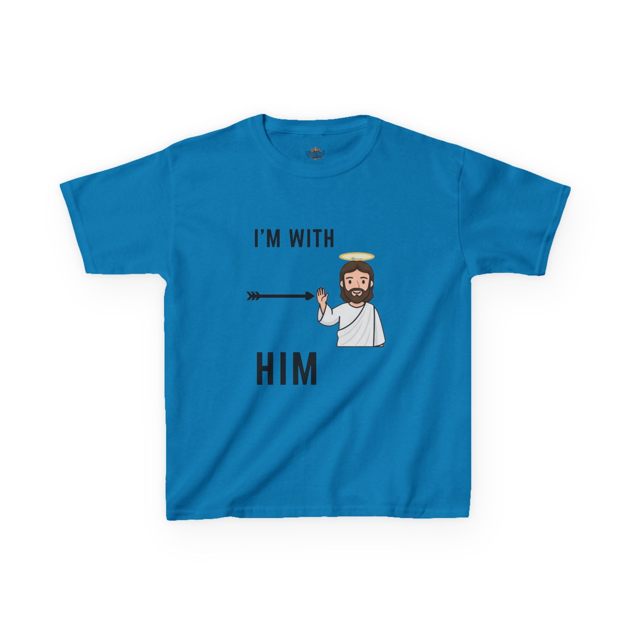 🔥 I’m With Him → Christian Kids T-Shirt | Arrow Pointing to Jesus | Minimalist Faith Tee | Subtle Cross Design | Bible-Inspired Apparel by Uplifted Gear Printify