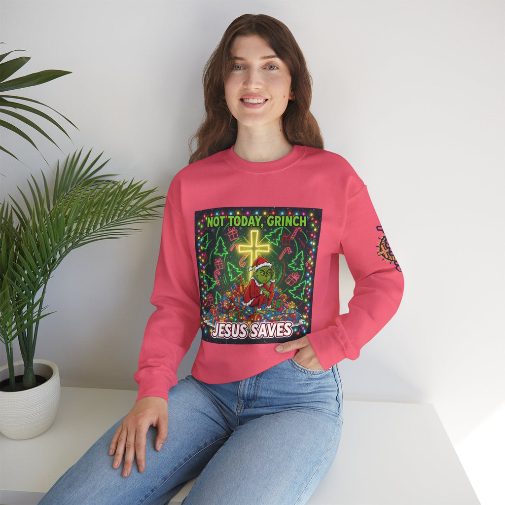 🎄 Not Today, Grinch – Jesus Saves | Funny Christian Christmas Sweatshirt | Festive Green & Red Cartoon Style | Bold Faith Holiday Tee by Uplifted Gear Printify