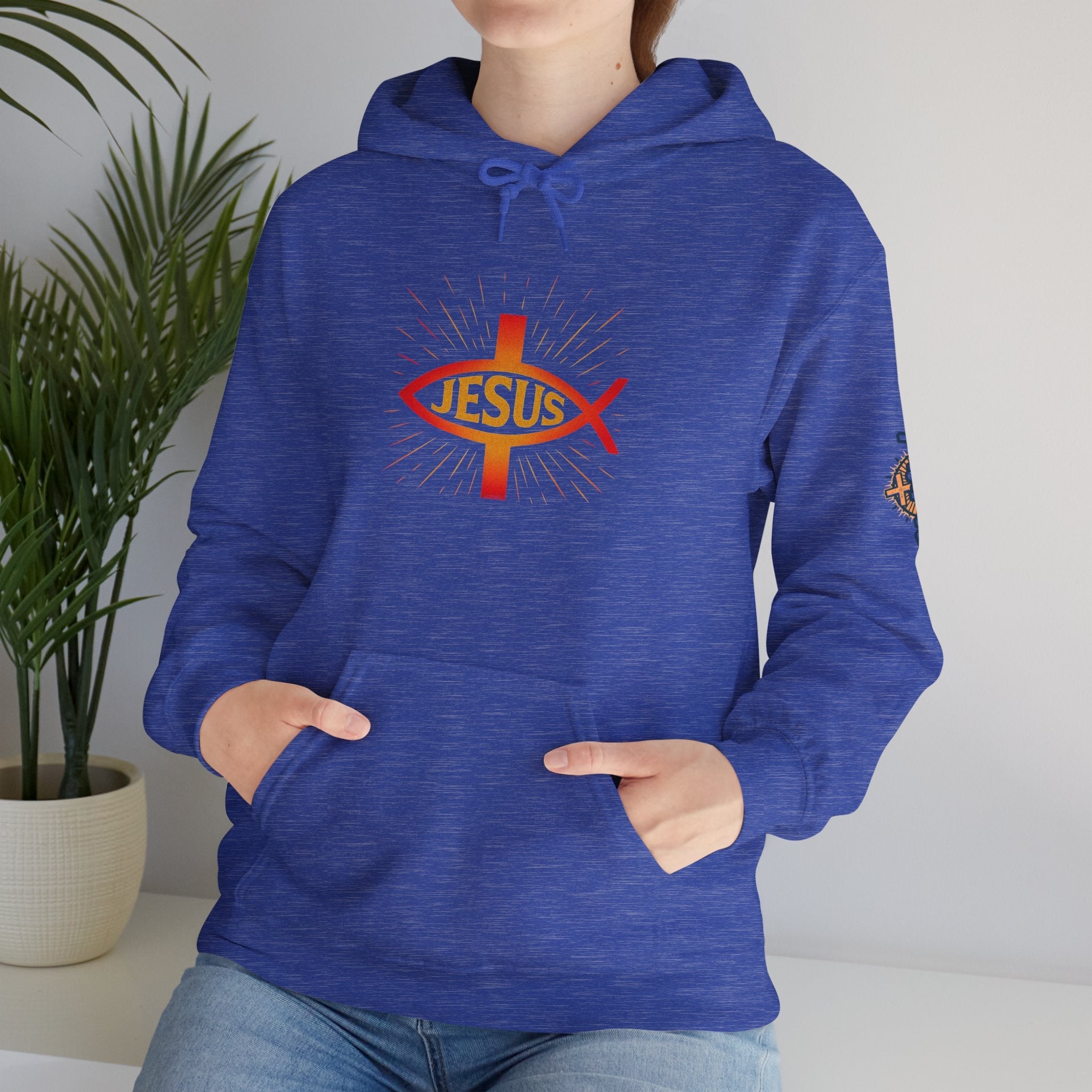 Jesus Ichthys Hoodie – Christian Fish Symbol with Cross & Jesus Inscription Sweatshirt for Eternal Faith & Streetwear Printify