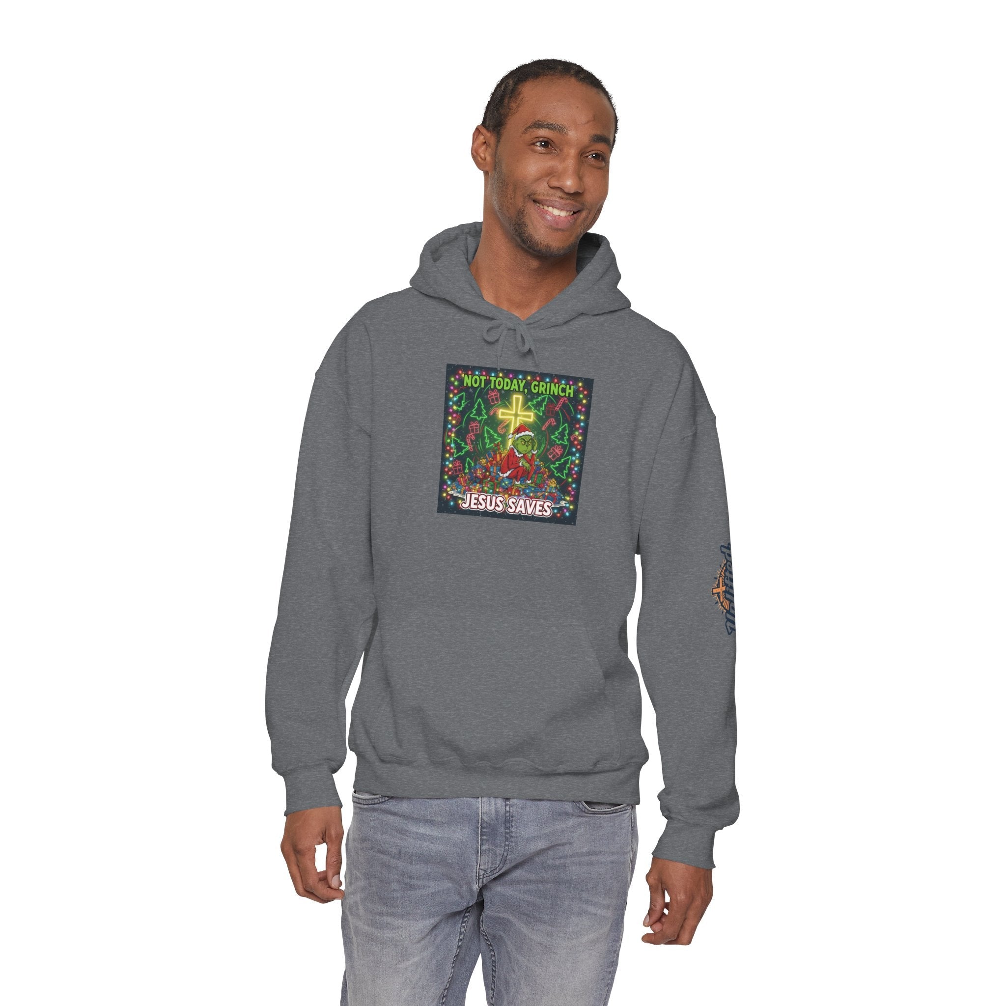 🎄 Not Today, Grinch – Jesus Saves | Funny Christian Christmas Hoodie | Festive Green & Red Cartoon Style | Bold Faith Holiday Tee by Uplifted Gear Printify