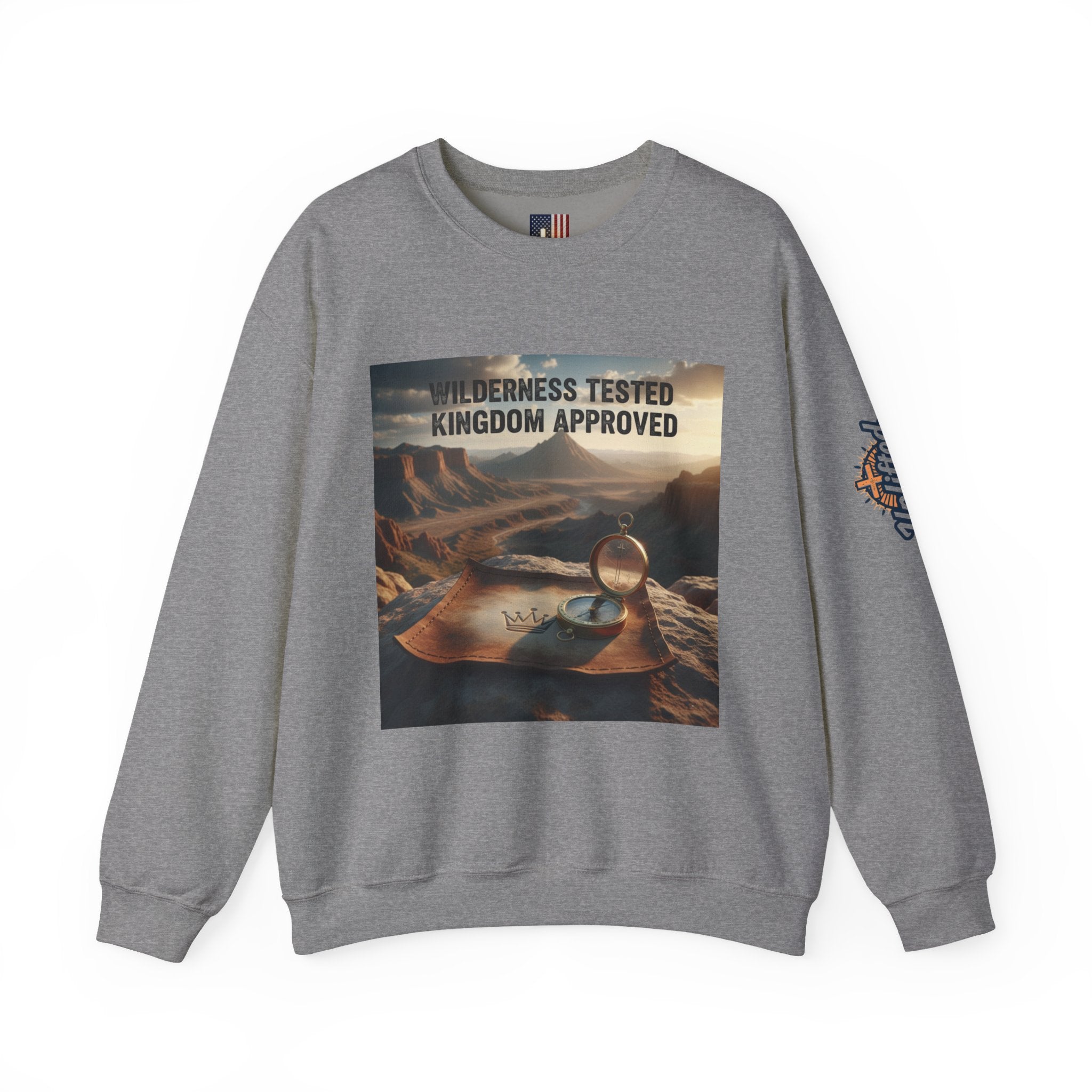 Wilderness Tested Kingdom Approved Sweatshirt – Mountain Desert Compass Crown Christian Sweatshirt for Biblical Adventure Faith Printify