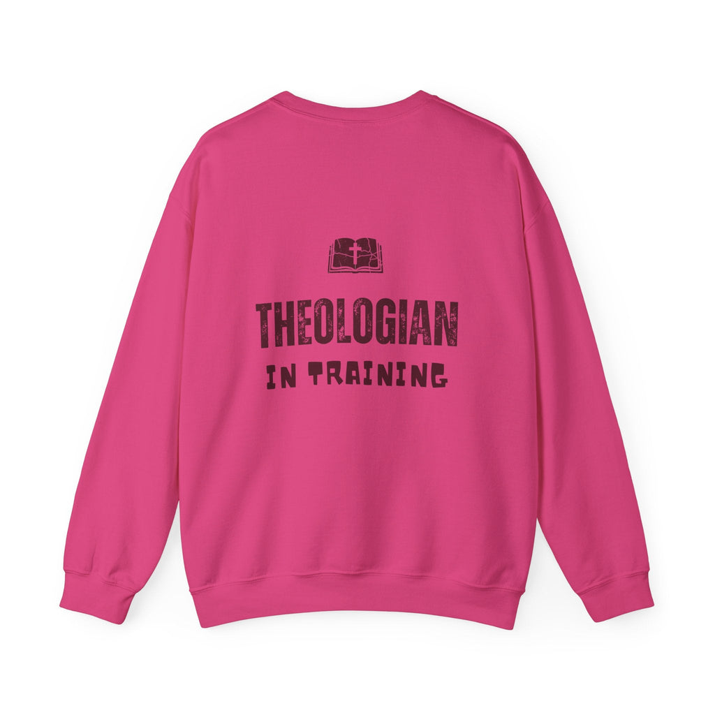 Theologian in Training Sweatshirt – Open Bible & Cross Christian Sweatshirt for Faithful Growth Printify