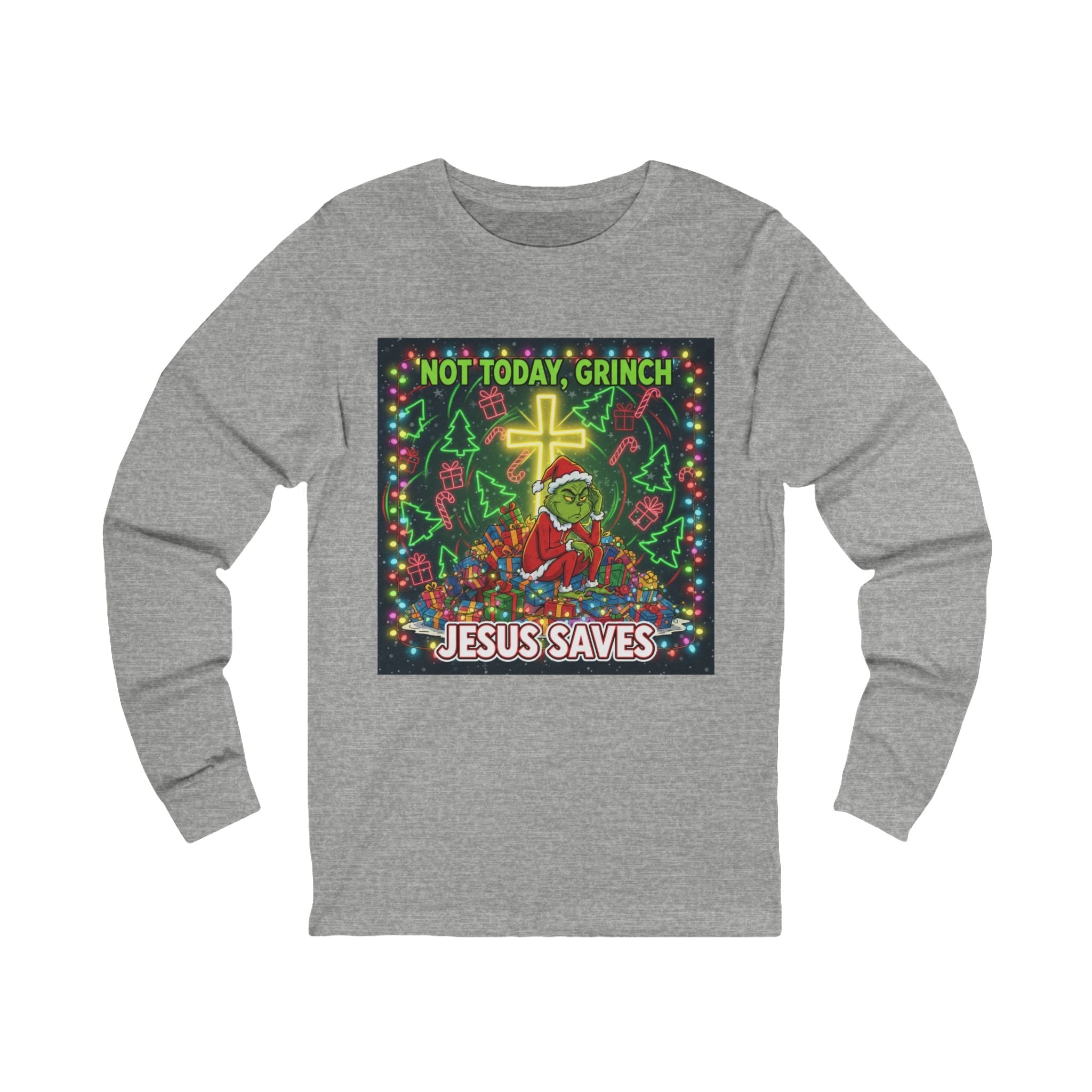 🎄 Not Today, Grinch – Jesus Saves | Funny Christian Christmas Long Sleeve Shirt | Festive Green & Red Cartoon Style | Bold Faith Holiday Tee by Uplifted Gear Printify