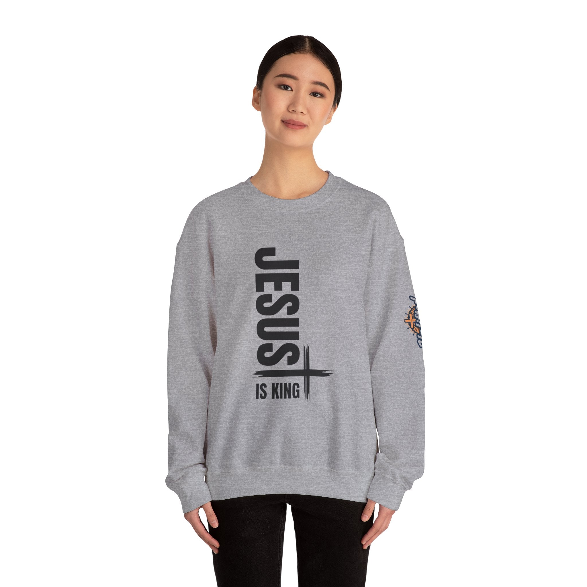 Jesus Is King Sweatshirt | Modern Typographic Cross Christian Sweatshirt Printify