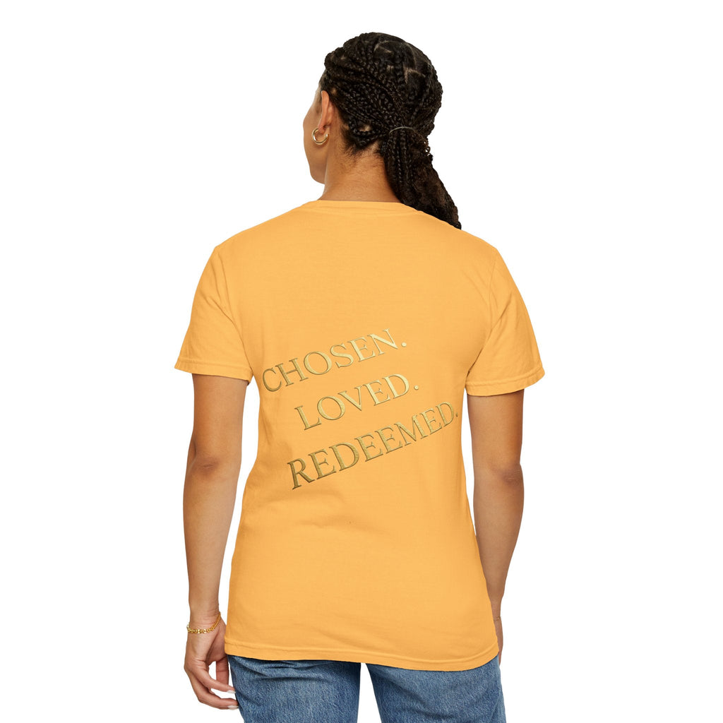 ✨ Chosen. Loved. Redeemed. – Elegant Christian T-Shirt | Gold Foil Faith Tee | Subtle Cross & Heart Design | Inspirational Bible Verse Apparel by Uplifted Gear Printify
