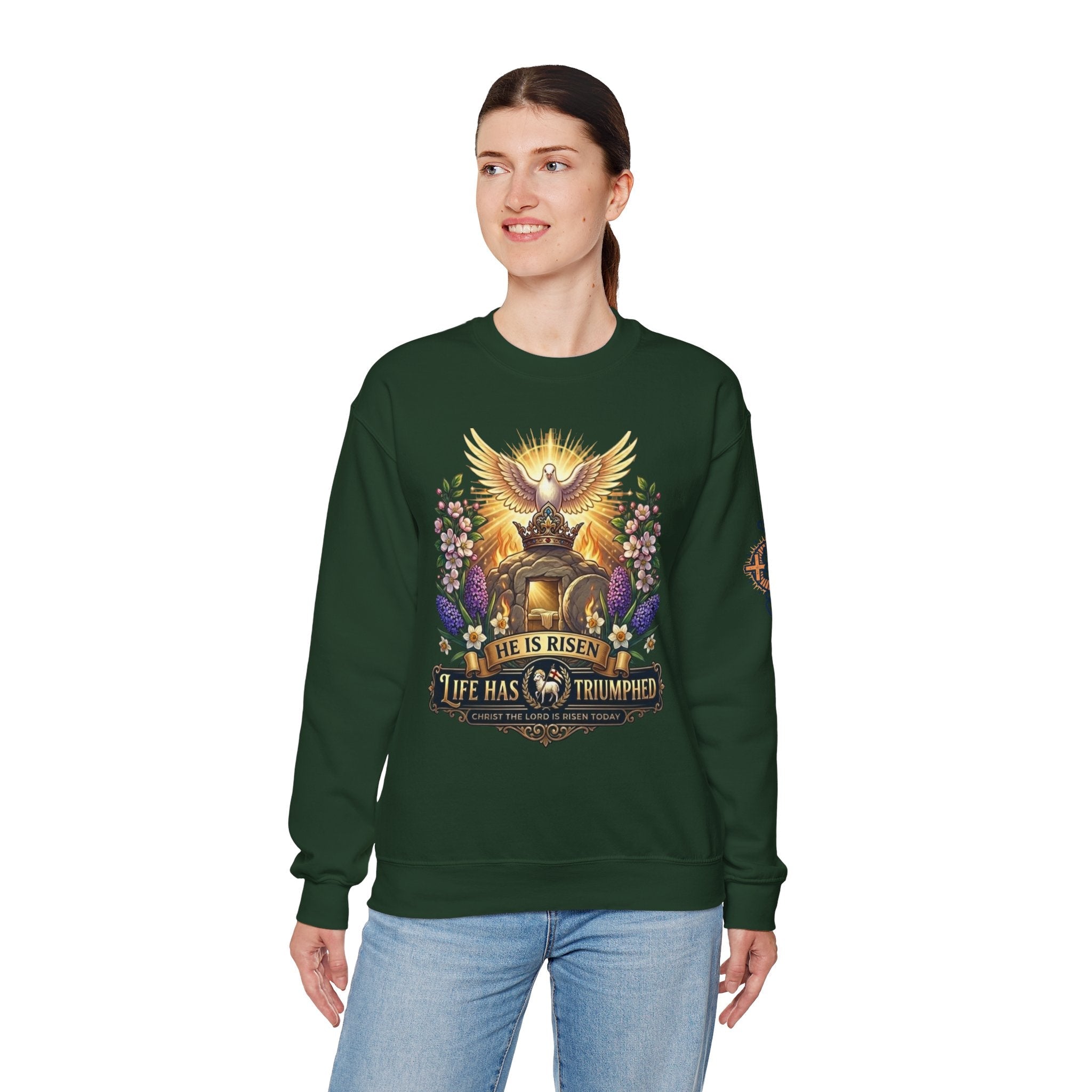 He Is Risen "Life Has Triumphed" Sweatshirt — Easter Resurrection Christian Sweatshirt Printify