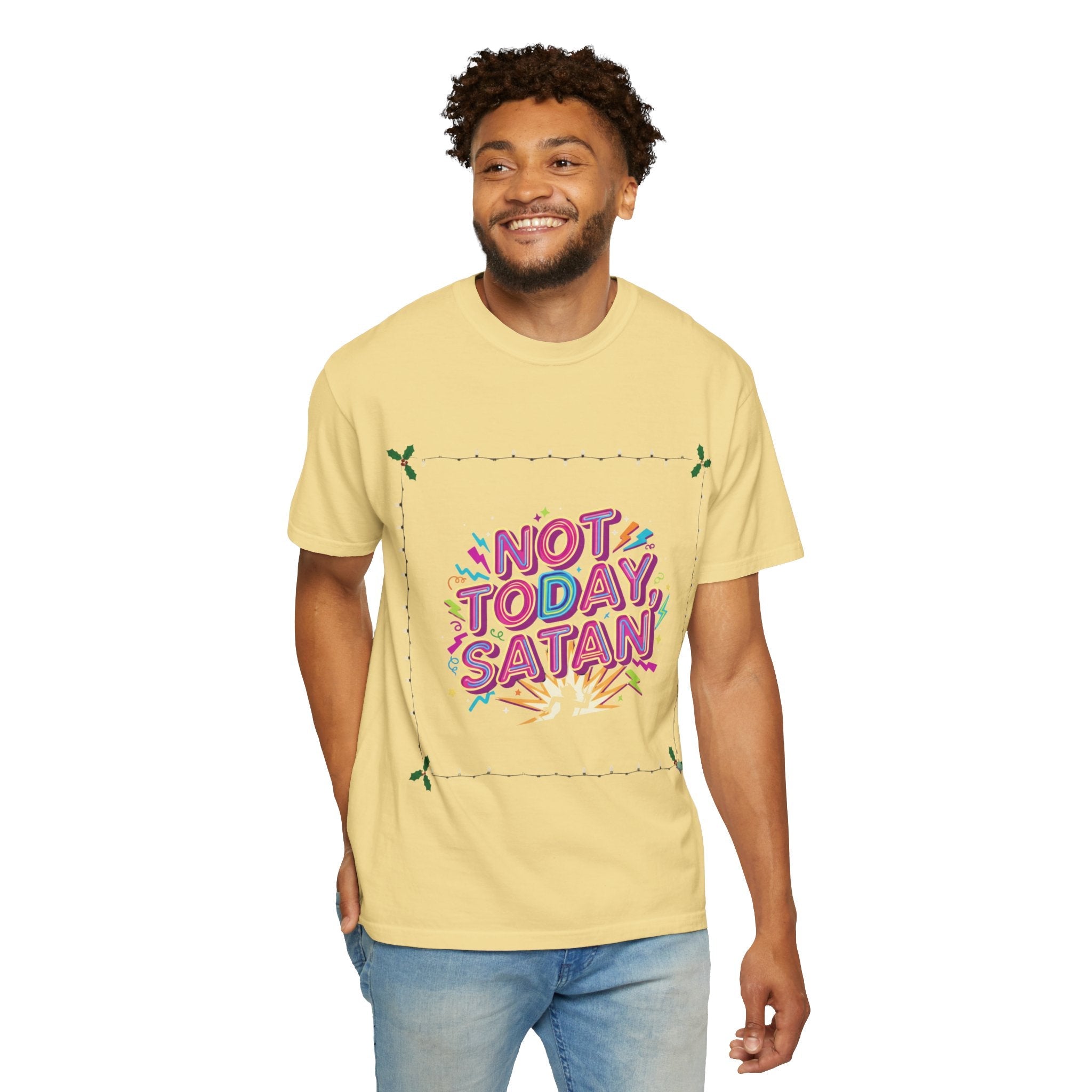 🔥 Not Today, Satan – Retro 90s Christian T-Shirt | Neon Faith Tee | Funky Cartoon Devil | Bold Bible Verse Shirt | Uplifted Gear Printify