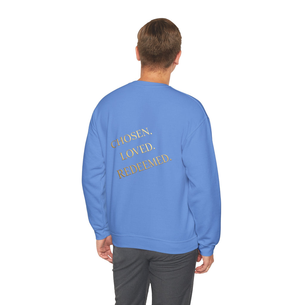 ✨ Chosen. Loved. Redeemed. – Elegant Christian Sweatshirt | Gold Foil Faith Tee | Subtle Cross & Heart Design | Inspirational Bible Verse Apparel by Uplifted Gear Printify