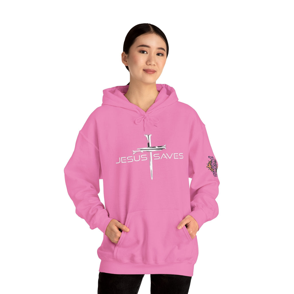 Jesus Saves Hoodie – 3 Nails Crucifix Cross Christian Sweatshirt for Redemption Faith & Bold Salvation Printify