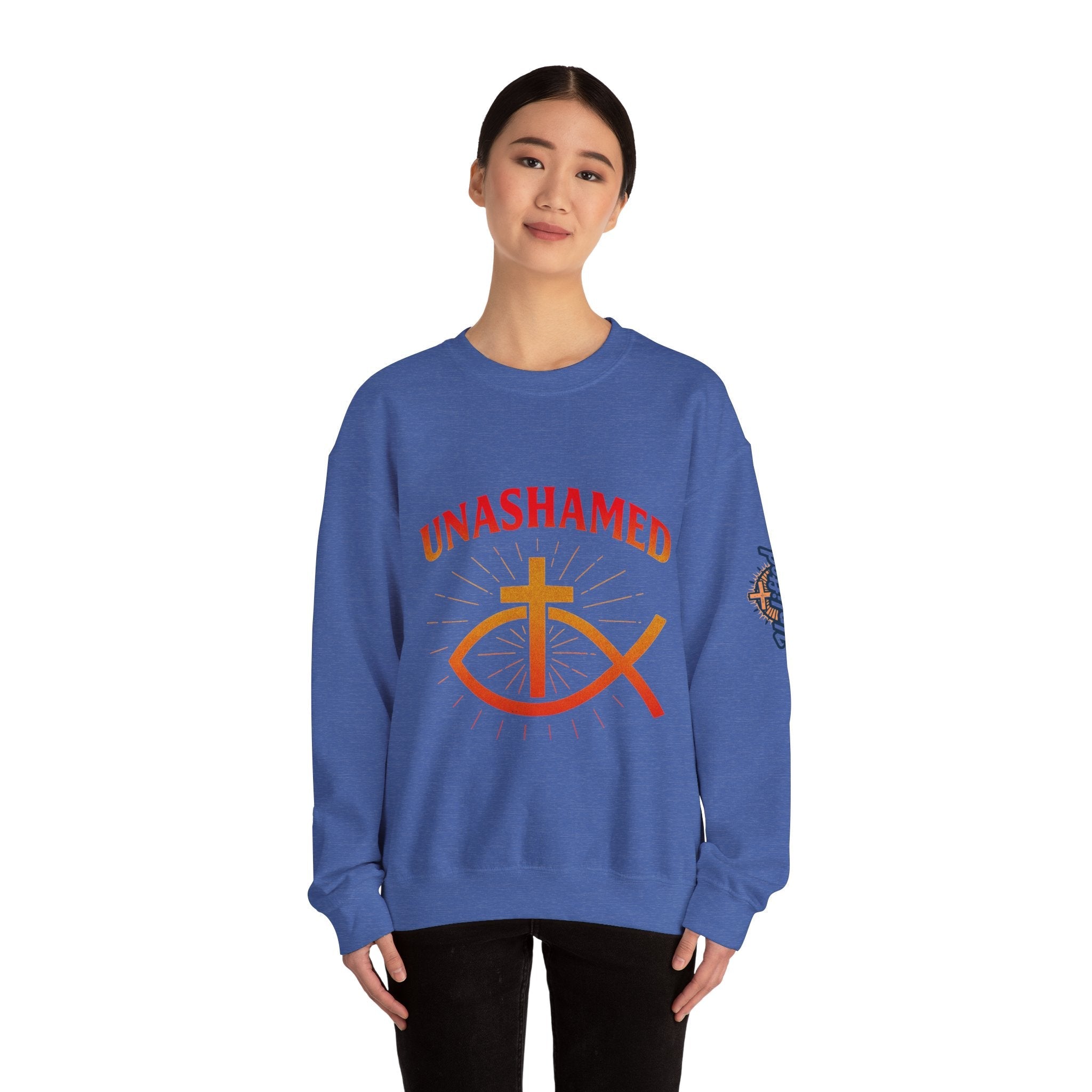 Unashamed Sweatshirt – Ichthys Jesus Fish & Cross Christian Sweatshirt for Romans 1:16 Bold Faith Printify