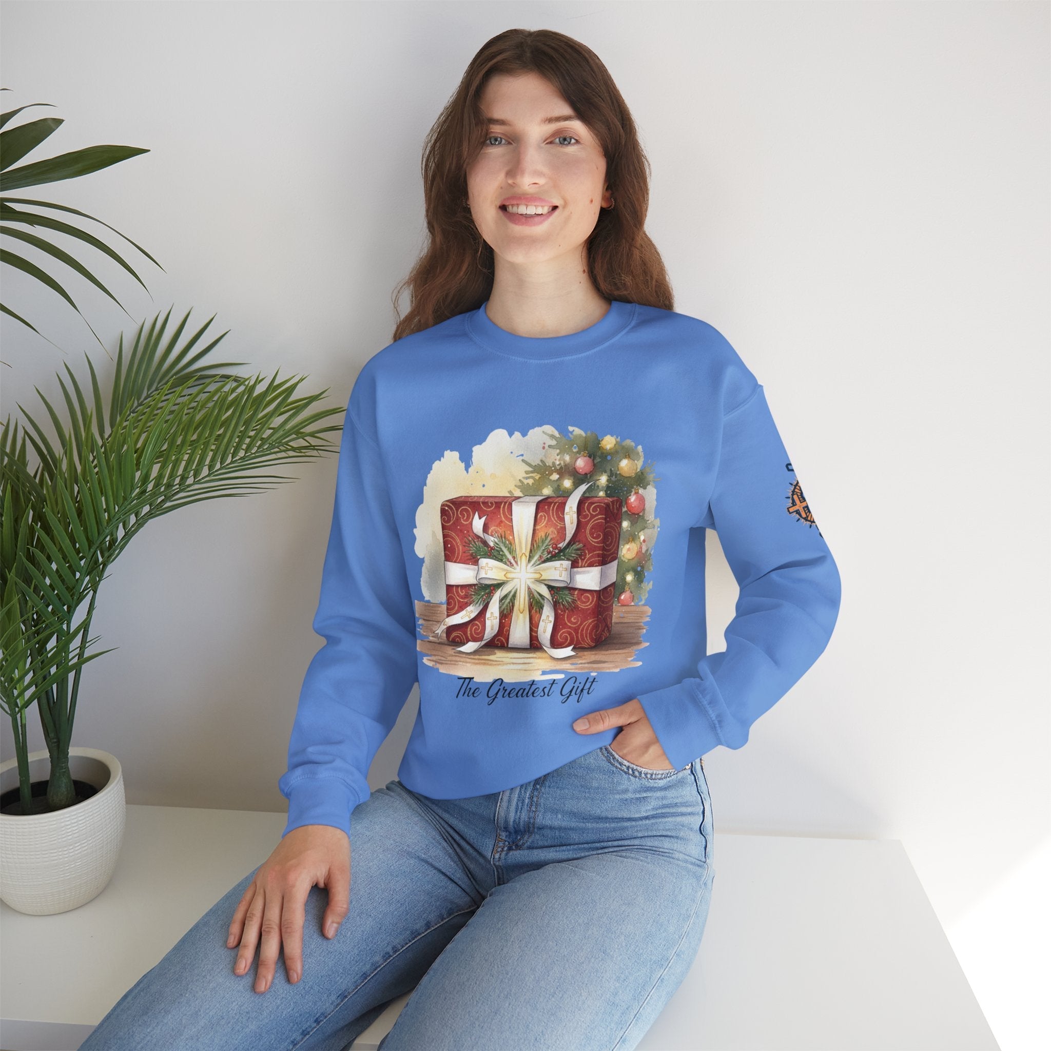 The Greatest Gift Sweatshirt – Cross Bow Present Christian Sweatshirt for Christmas Salvation & Eternal Faith Printify