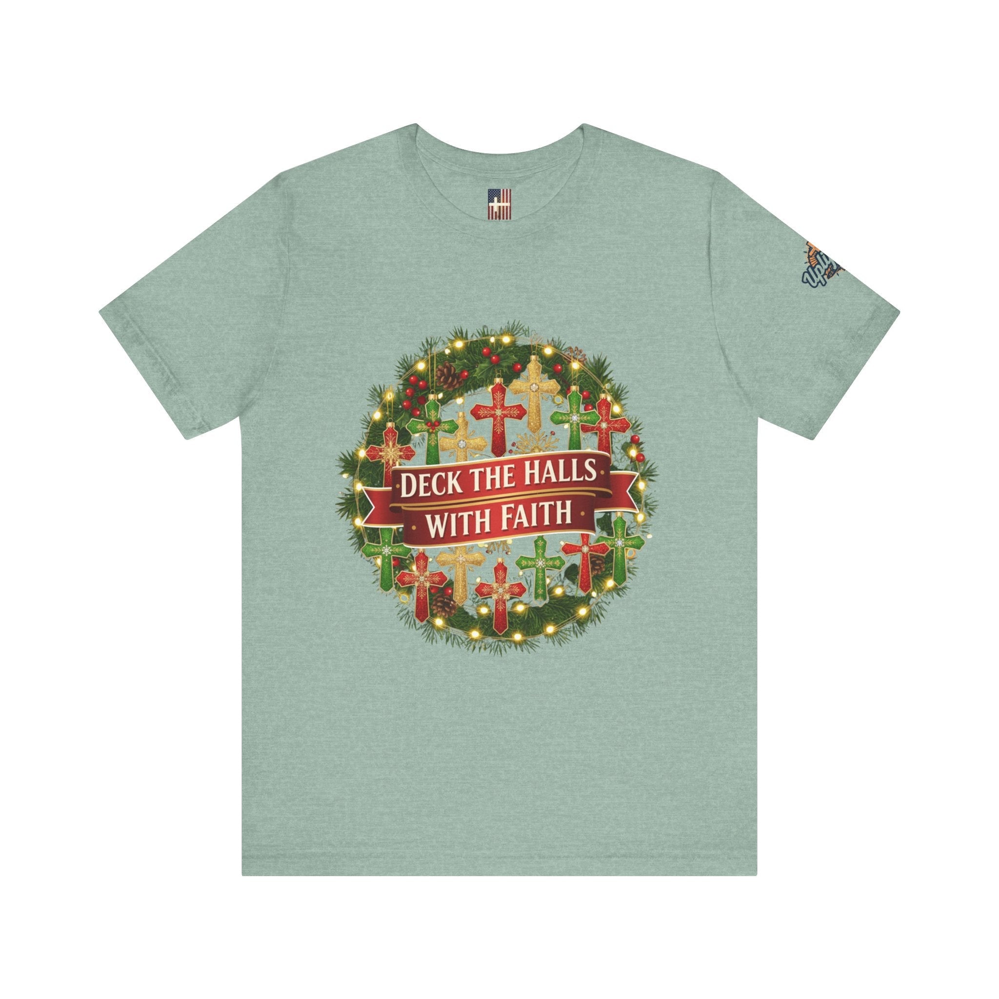 🎄 Deck the Halls with Faith – Christian Christmas T-Shirt | Cross Ornament Design & Festive Garland | Bold Holiday Faith Tee by Uplifted Gear Printify