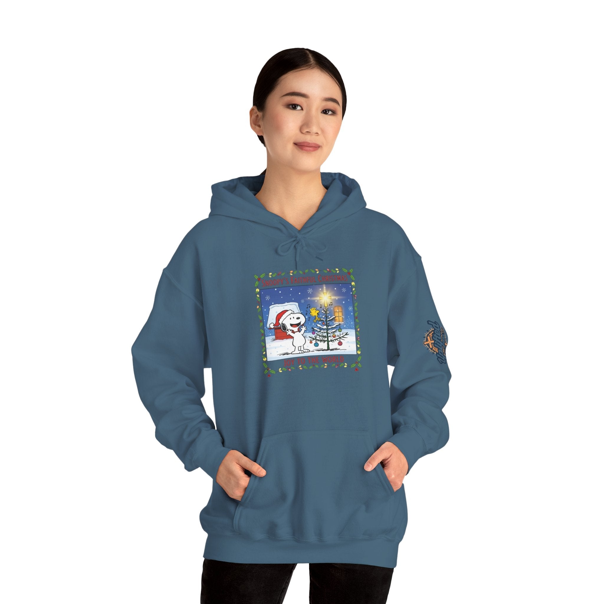 🎄 Faithful Christmas Friends – Christian Holiday Hoodie | Festive Tree & Cartoon Duo | Heartwarming Christmas Tee by Uplifted Gear Printify