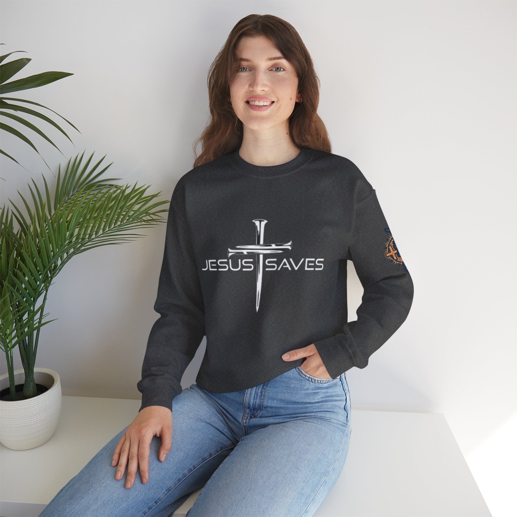 Jesus Saves Sweatshirt – 3 Nails Crucifix Cross Christian Sweatshirt for Redemption Faith & Bold Salvation Printify