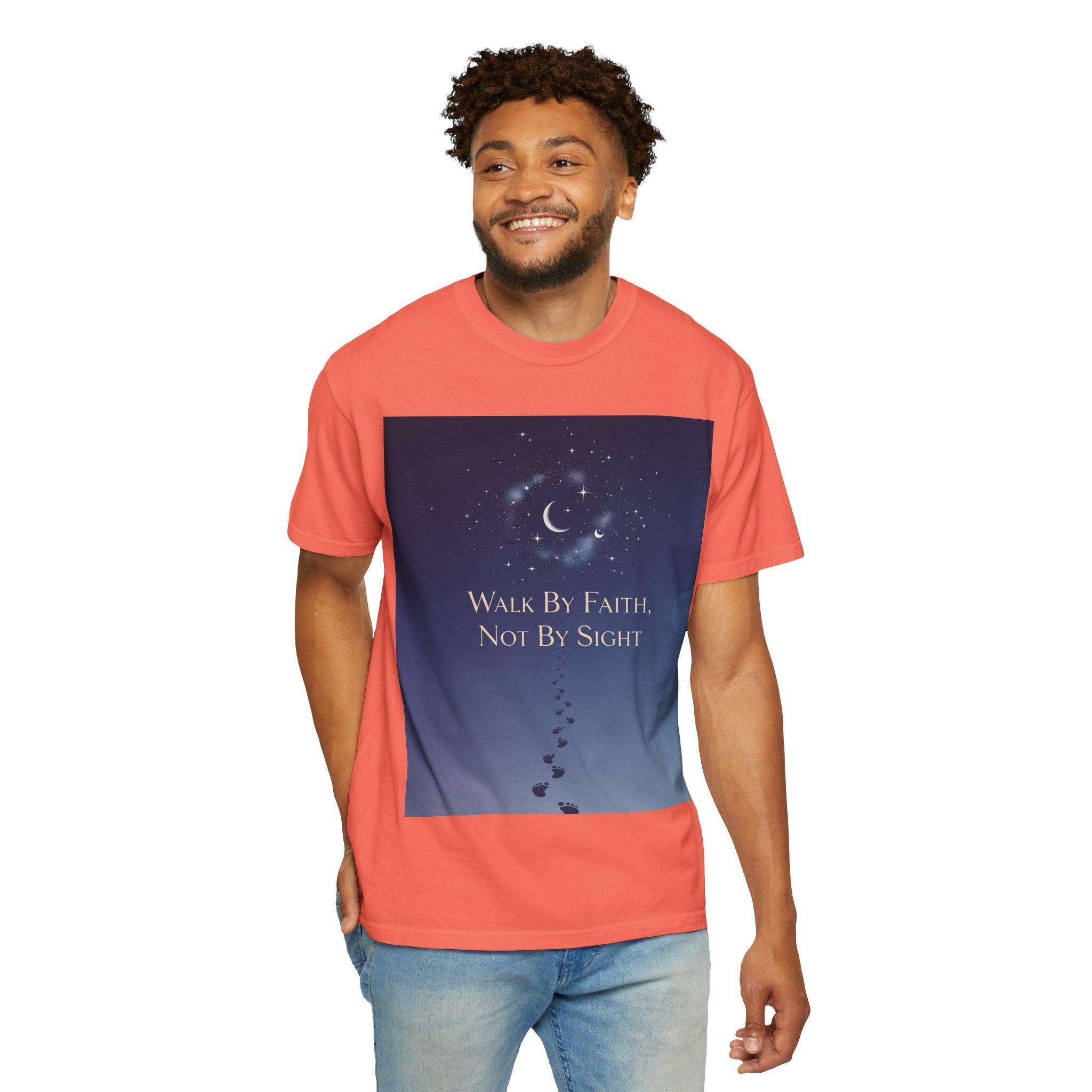 Walk by Faith, Not by Sight T-Shirt – Footprints in the Sand Christian Moonlit Tee Printify