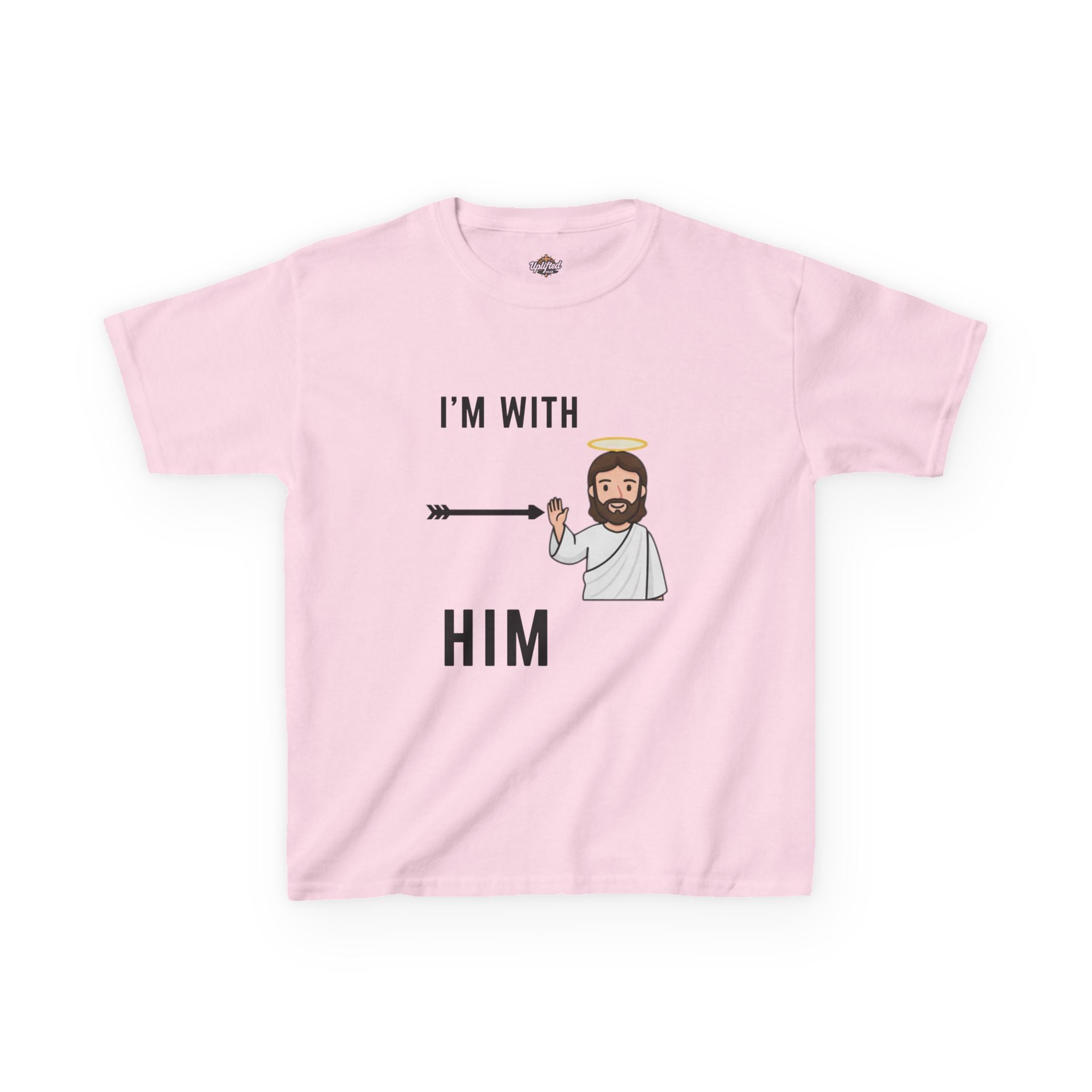 🔥 I’m With Him → Christian Kids T-Shirt | Arrow Pointing to Jesus | Minimalist Faith Tee | Subtle Cross Design | Bible-Inspired Apparel by Uplifted Gear Printify