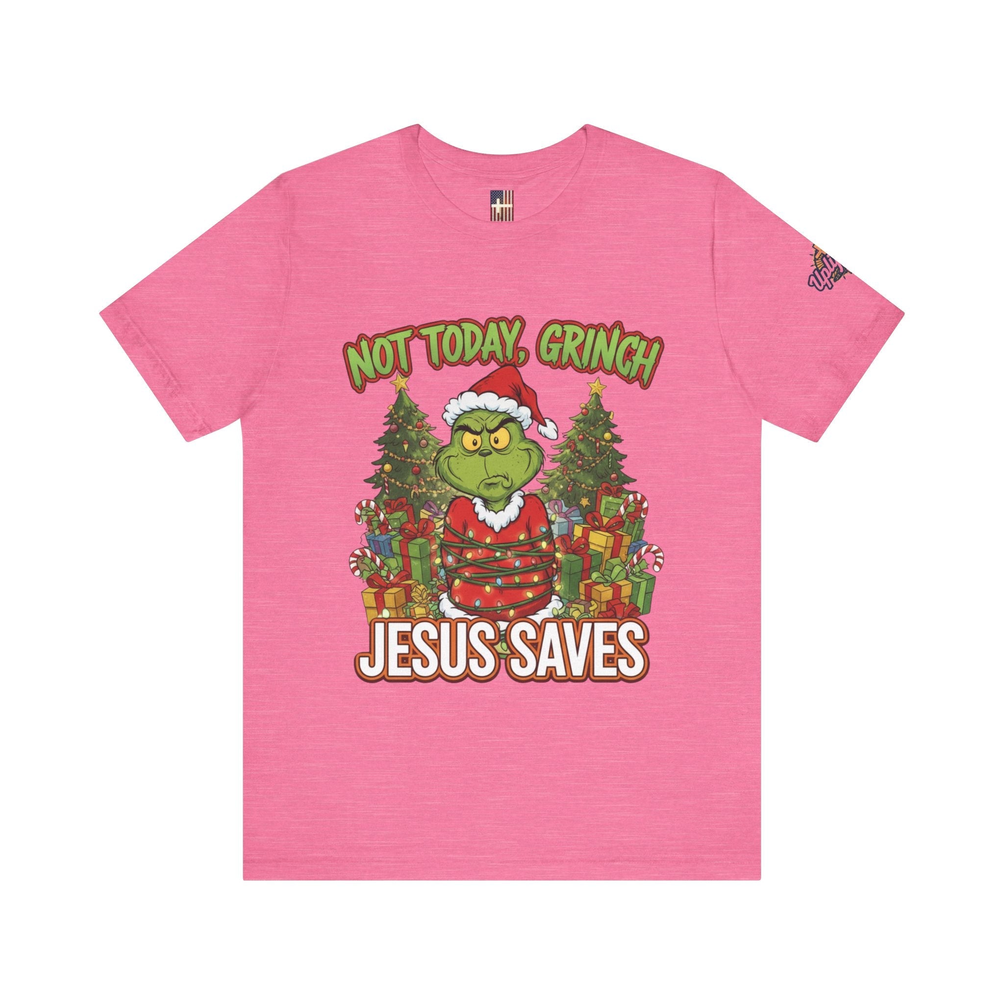🎄 Not Today, Grinch – Jesus Saves | Funny Christian Christmas T-Shirt | Sulking Grinch & Glowing Cross | Bold Neon Faith Tee by Uplifted Gear Printify