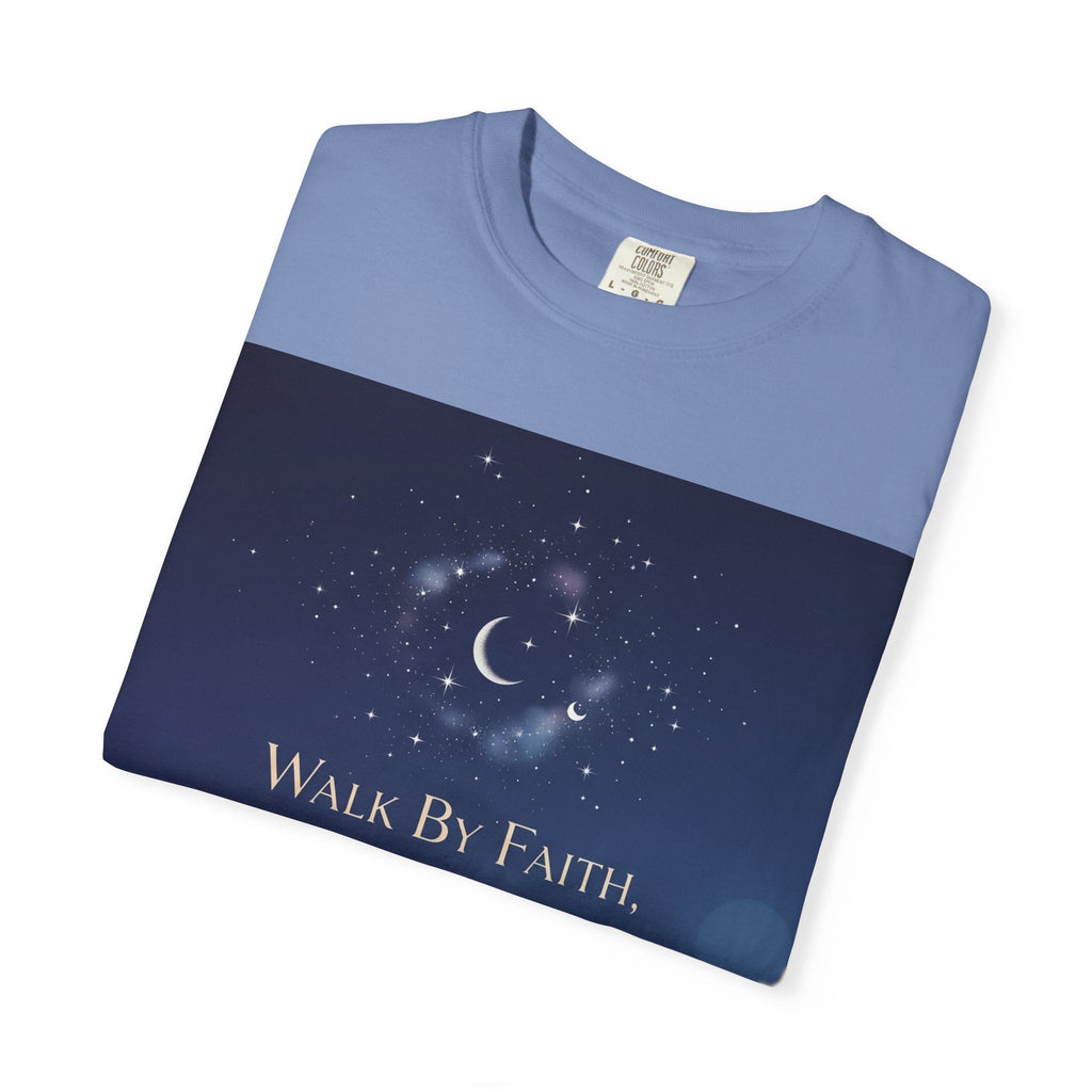 Walk by Faith, Not by Sight T-Shirt – Footprints in the Sand Christian Moonlit Tee Printify